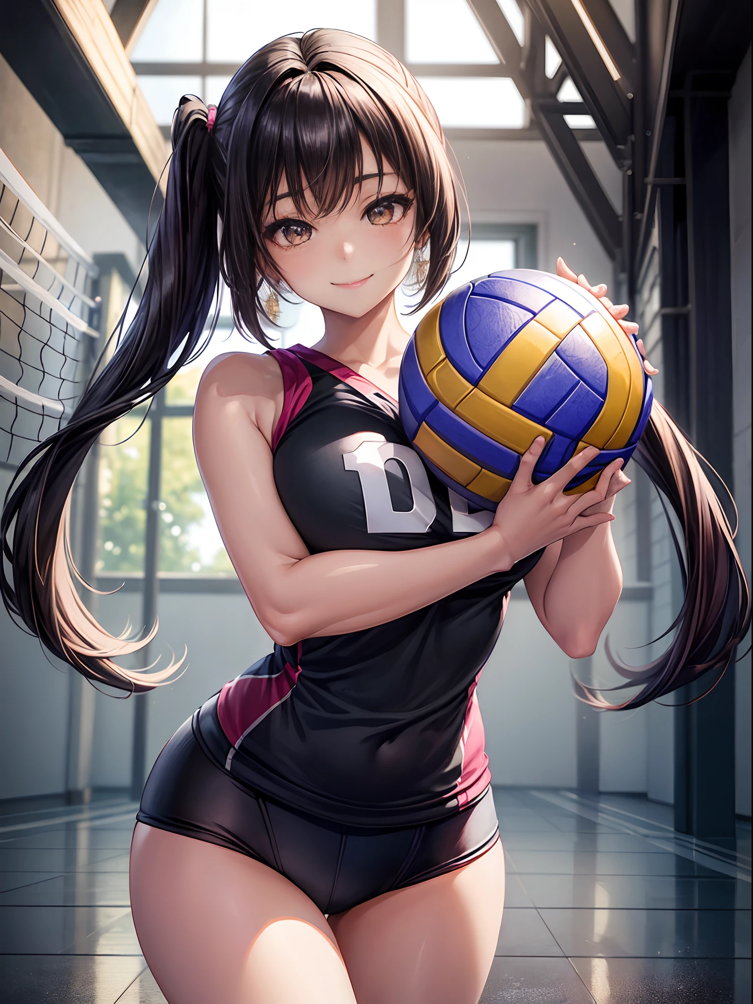 top-quality、Full limbs、complete fingers、one beautiful women、Beautiful Large Breasts、Medium hair、poneyTail、A dark-haired、(Black Volleyball Uniforms:1.3)、Black bloomers、Natural Color Lip、Bold sexy poses、Smile、20 years girl、Sexy shot looking at camera、Gymnasium、Volleyball Court、Hit the serve