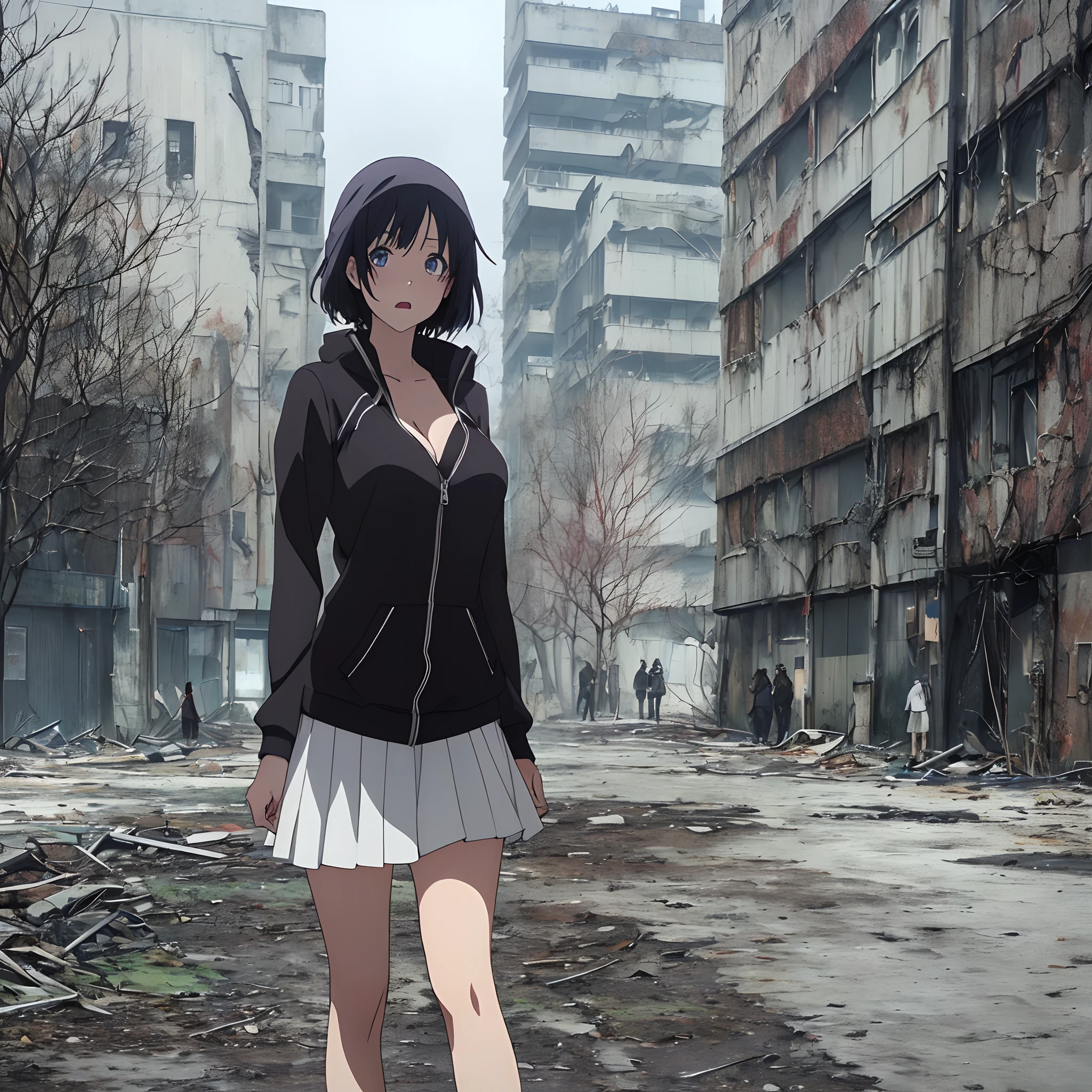 Detailed,( Shadowvers style),tmasterpiece, beste-Qualit, 1girl, 独奏, Slim , ((Skirt over the head)), The Wandering Girl, Indoors, body complet, (((A character from a post-apocalyptic world))), (((( The character is close to the viewer)))), ((A character from the world of the post-apocalyptic world)), (((Average Breasts))), ((Beautiful simple anime eyes)), (((The most frightened face)) ,(( Ao fundo, Surprised people), ( A vacant lot is visible),((does not look at the viewer))