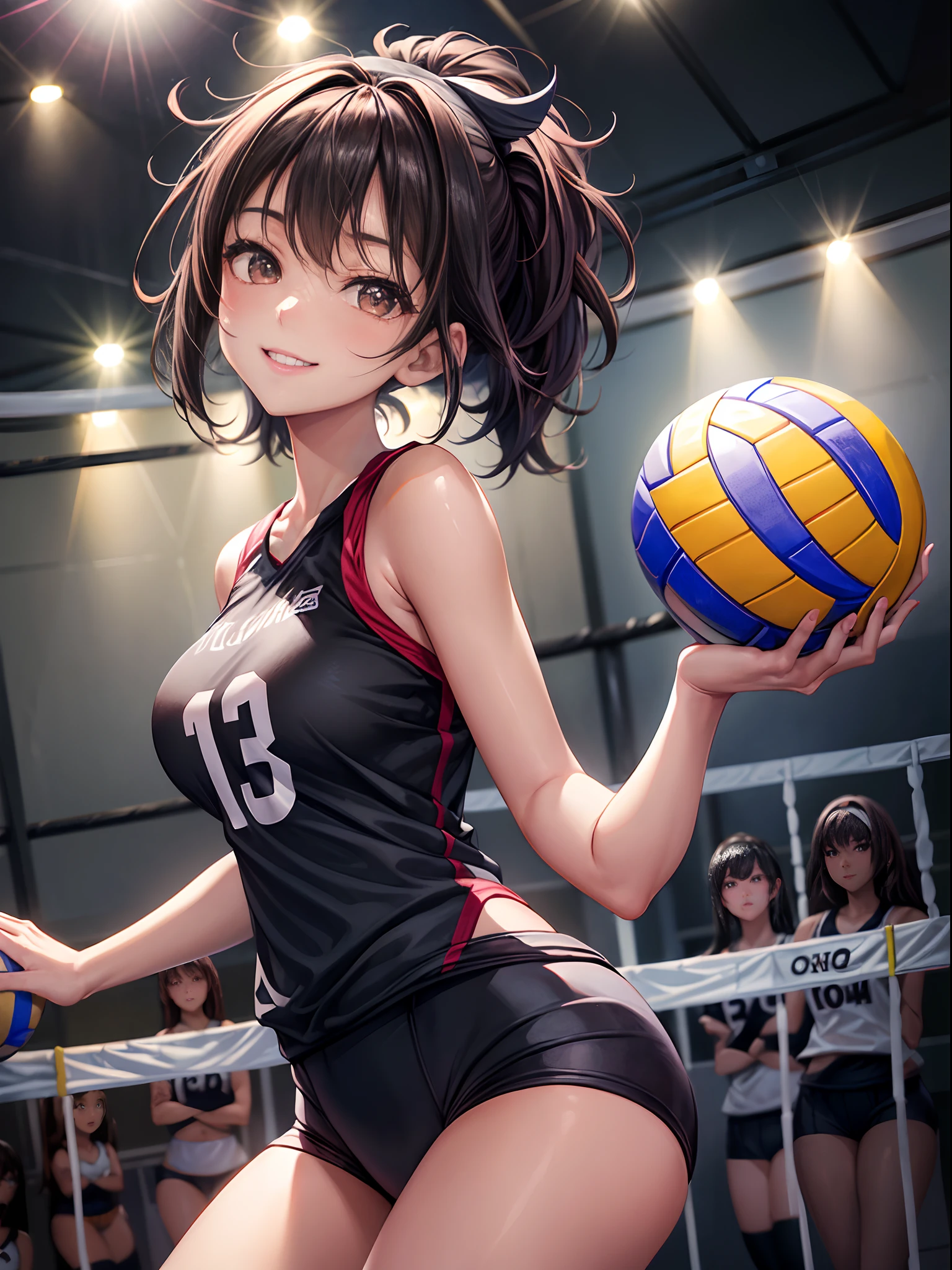 top-quality、Full limbs、complete fingers、one beautiful women、Beautiful Large Breasts、Medium hair、poneyTail、A dark-haired、(Black Volleyball Uniforms:1.3)、Black bloomers、Natural Color Lip、Bold sexy poses、Smile、20 years girl、Sexy shot looking at camera、Gymnasium、Volleyball Court、Hit the serve