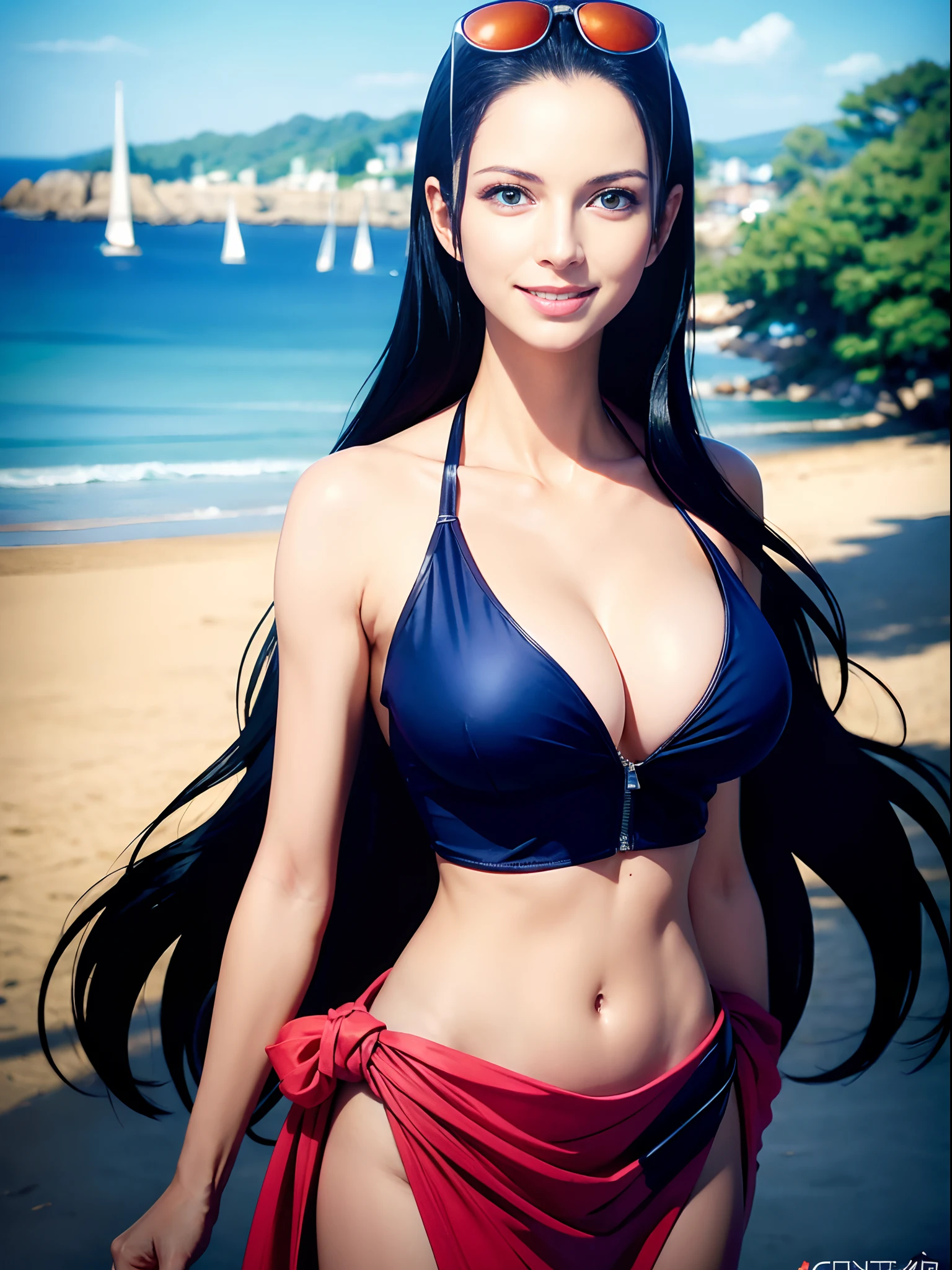 (masterpiece, best quality:1.4), (standing:1.4), (dynamic pose:1.2), (at beach), EdobNicoRobin, black hair, long hair, solo, medium breasts, (smile), sunglasses, blue eyes, eyewear on head, cleavage, closed mouth, hair slicked back, jewelry, collarbone, (swimsuit, crop top, cloth around waist) 1girl, solo, (european youth woman:1), looking at viewer, beautifull smile, beautiful face, highly detailed face, highly detailed eyes, subsurface scattering, realistic pupils, full face blush, full lips, detailed background, depth of field, volumetric lighting, sharp focus, absurdres, realistic proportions, (realistic, hyperrealistic:1.4), 16k hdr