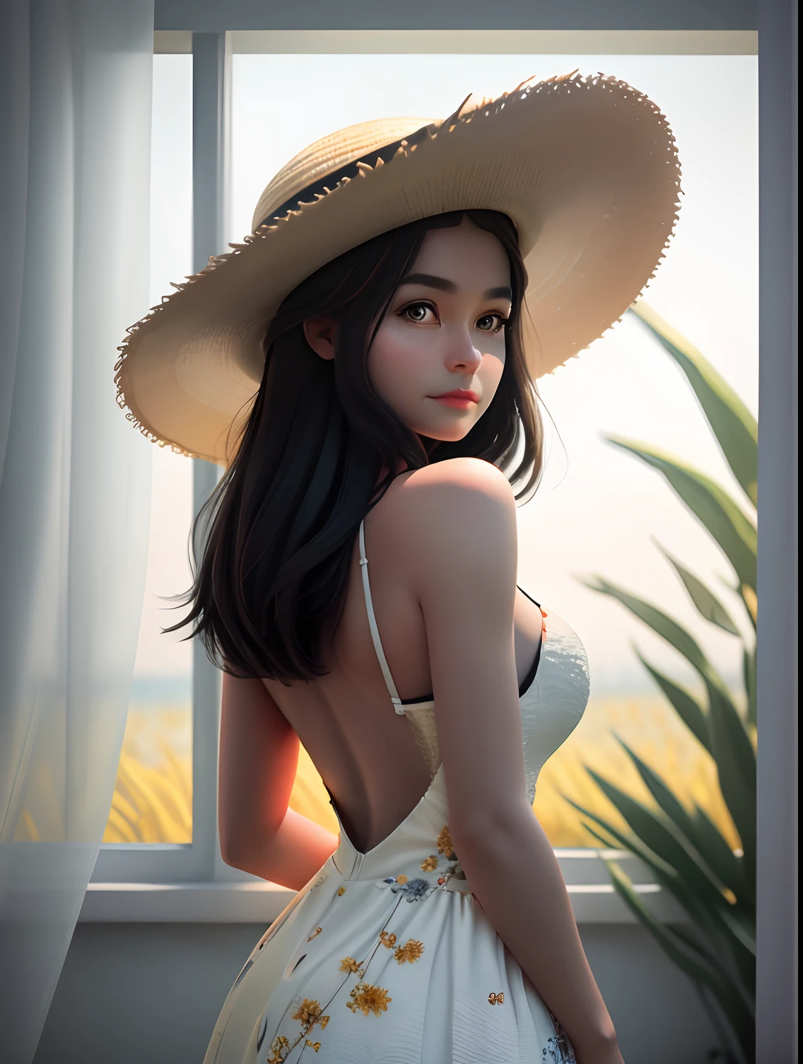 closeup cleavage，sface focus，
Lateral face，1女孩被soft_light，The light from the back window is backlighted，illuminating，Deep V Floral_summer_dress，Straw_hat，
tmasterpiece， realisticlying， HDR， highly  detailed， 8k， RAW photogr，
Environmental occlusion，naturey，Harmonious composition，a warm color palette，fine art photography，