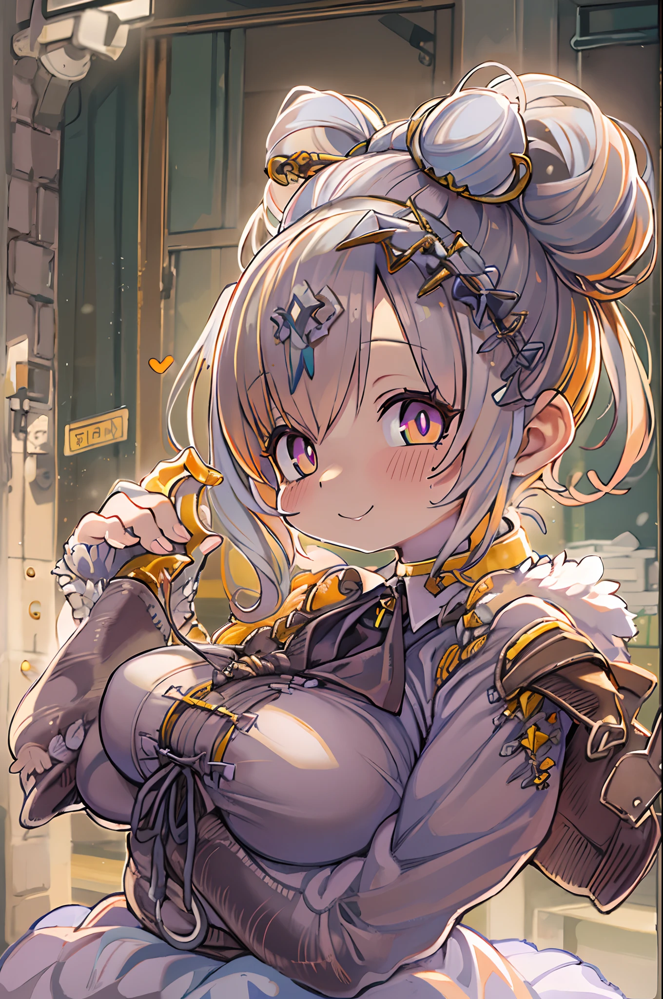 Drill Hair, curtained hair, Hair bun, Big hair, Medium Hair, bow hairband, Heart-shaped pupil, Raised eyebrows, Smile, puckered lips, surrealism, renaissance, Anime, Anime style, Cinematic lighting, depth of fields, god rays, drop shadow, Fujicolor, One-person viewpoint, POV, wide angles, Anime style, surrealism, nffsw, retinas, masutepiece, ccurate, Textured skin, high details, hight resolution, 16 K