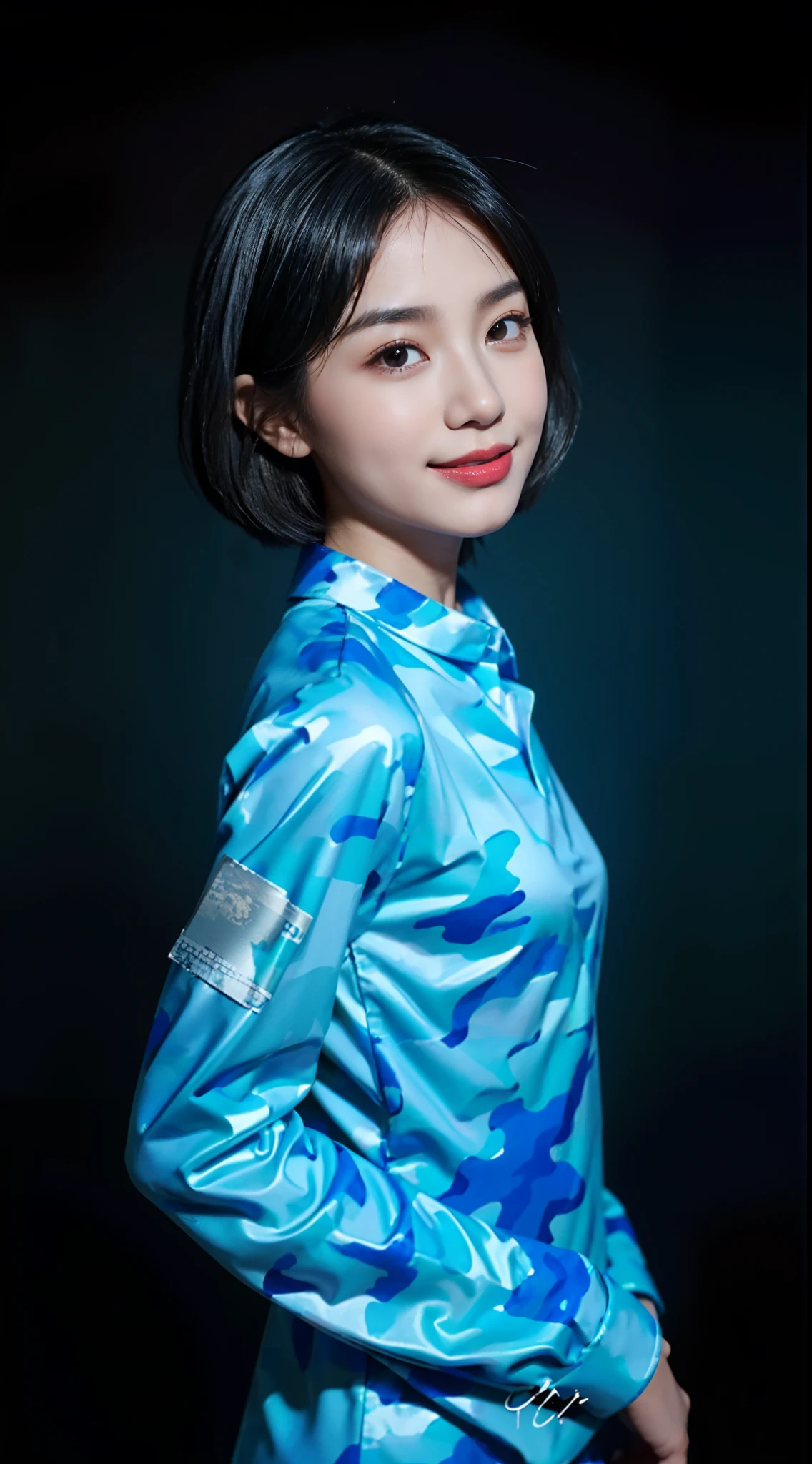 small head, (perfect bodies: 1.1), (short-length straight black short hair: 1.2), （极其细致的CG 8k壁纸），（Extremely refined and beautiful），（masterpiece），（best qualtiy：1.0），（超高分辨率：1.0），upper body，[A high resolution]，cheerfulness，Smile，Smooth and flawless fair skin，ultra - detailed,(Small breasts:1.1),Flat chest,Slim,thin,(long sleeved Blue camouflage collared shirt:1.4),White Tank Top,Teal background，from front，(Close shot:1.3),cowboy shot,(passport photo:1.3)