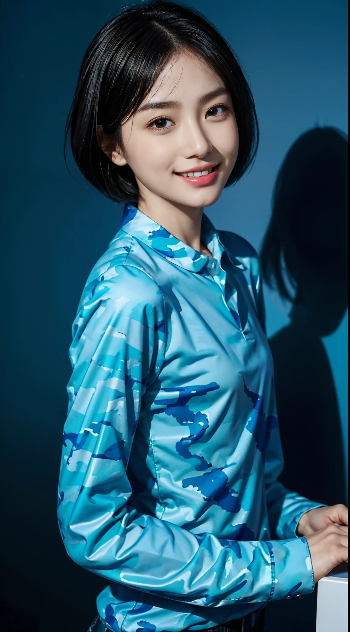 small head, (perfect bodies: 1.1), (short-length straight black short hair: 1.2), （极其细致的CG 8k壁纸），（Extremely refined and beautiful），（masterpiece），（best qualtiy：1.0），（超高分辨率：1.0），upper body，[A high resolution]，cheerfulness，Smile，Smooth and flawless fair skin，ultra - detailed,(Small breasts:1.1),Flat chest,Slim,thin,(long sleeved Blue camouflage collared shirt:1.4),White Tank Top,Teal background，from front，(Close shot:1.3),cowboy shot,(passport photo:1.3)