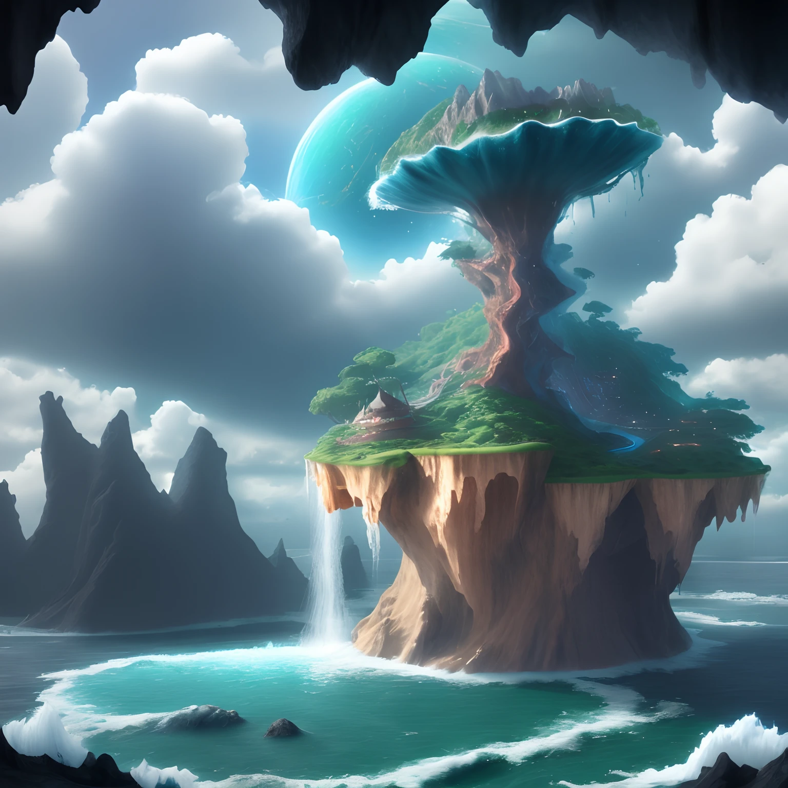 Sea with waterfalls and floating island, 4k, planets, 8k, realistic