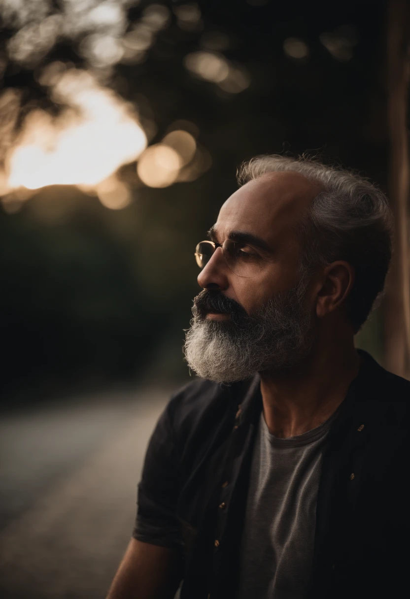 Retrato de um pai, meia-idade, barba, cabelos grisalhos.