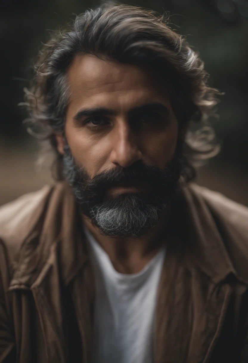 Retrato de um pai, meia-idade, barba, cabelos grisalhos.
