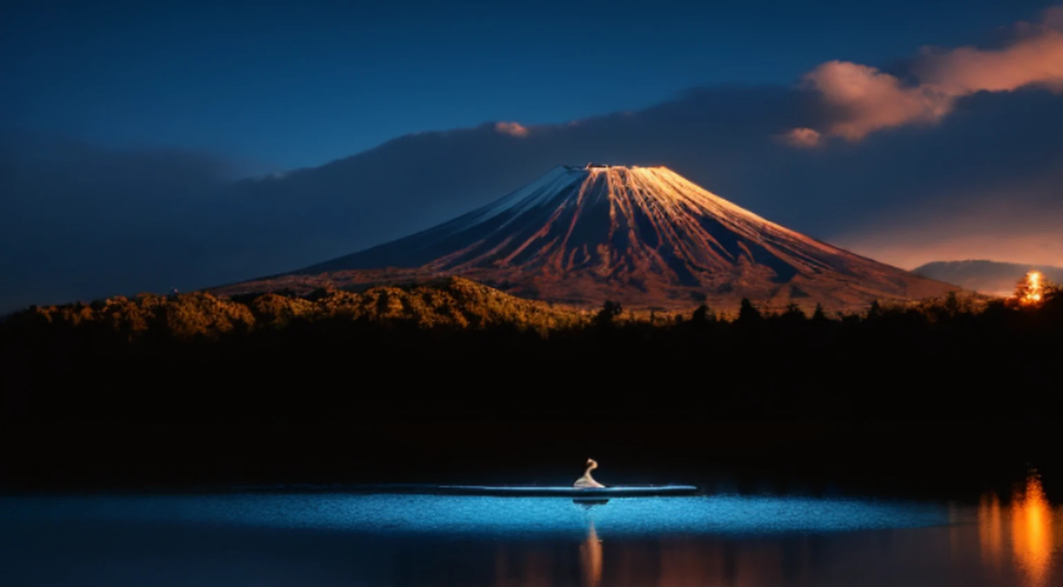 (melhor qualidade, Realistic, fotorrealista:1.37), elegante, Anos 70 usando smoking,Little fat man from Japan, tem barba,Sentado em uma cadeira tocando violoncelo, Playing with a bow in his right hand,Beira do Lago Yamanaka, Mount Fuji in Japan at the bottom of the lake, Com dois cisnes nadando no lago, cores vibrantes, soft lighting,Rosto de mordida de sangue,