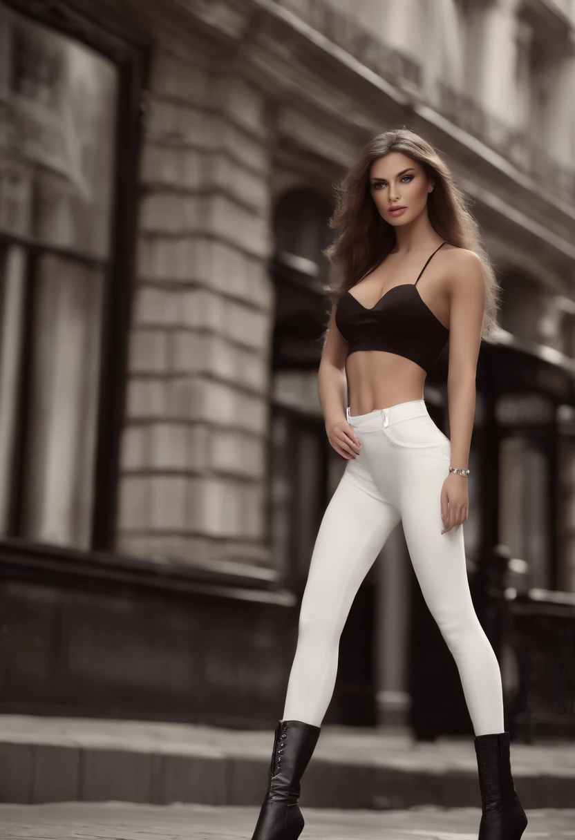 (Hyperrealistic), (illustration), (high resolucion), (8k), (extremly detailed), (Meilleure illustration), (beautiful detailed eyes), (Best quality), (super detailed), (шедевр), (Tapis), (face detailed), (Pose dynamique), 4 filles, Leggings noirs, wavy black hair, on a busy London street , heterochromic eyes, ((High-heeled boots)), very huge breasts, longues jambes, Resserre les muscles abdominaux, (Bas noirs brillants), (Pas de culotte), (Pas de soutien-gorge), (Orteils de chameau), bijoux scintillants, Gripping bags, Trophy doll, Barbie doll, Latexpuppe