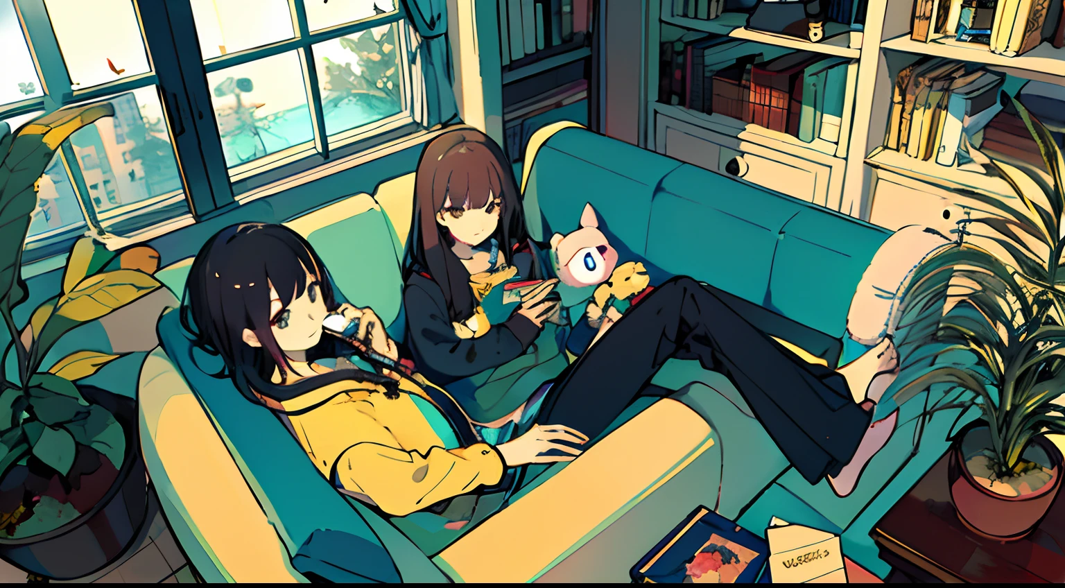 One girl, from above, plant, black hair, cat, lying down, indoors, holding, long sleeve, long hair, stuffed animal, potted plant, book, food, window, telephone, loaded interior, television, short hair, on the back, plush toy, bangs, slippers, barefoot, sitting, bookcase, shelf, cable, computer