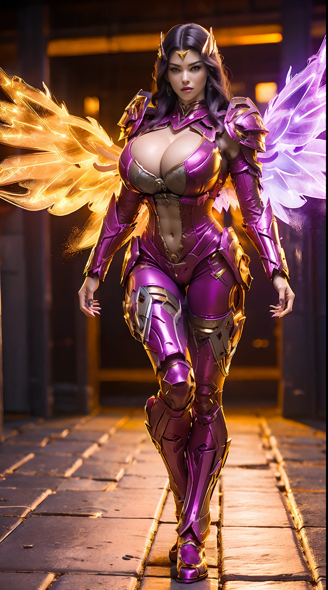 A WOMAN, BEAUTIFULL FACE, HUGE BOOBS, RGB, RED, GOLD, PURPLE, MECHA ARMOR FULL GEAR, (SUIT), (CLEAVAGE), (A PAIR LARGEST WINGS), (FULL BODY:1), TRANSPARANT, TALL LEGS, STANDING, SEXY BODY, MUSCLE ABS.