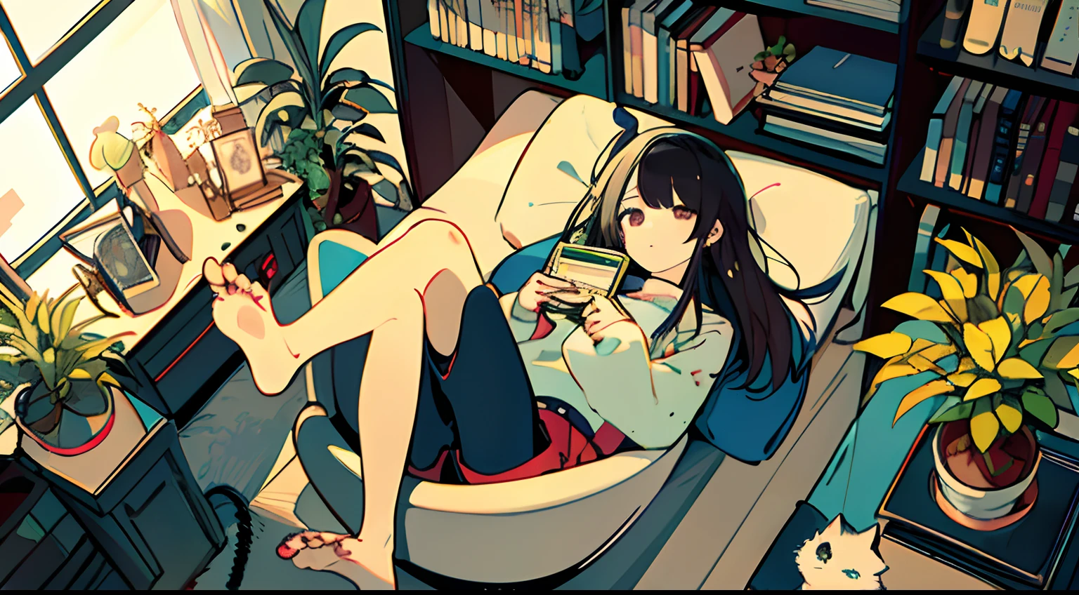 One girl, from above, plant, black hair, cat, lying down, indoors, holding, long sleeve, long hair, stuffed animal, potted plant, book, food, window, telephone, loaded interior, television, short hair, on the back, plush toy, bangs, slippers, barefoot, sitting, bookcase, shelf, cable, computer