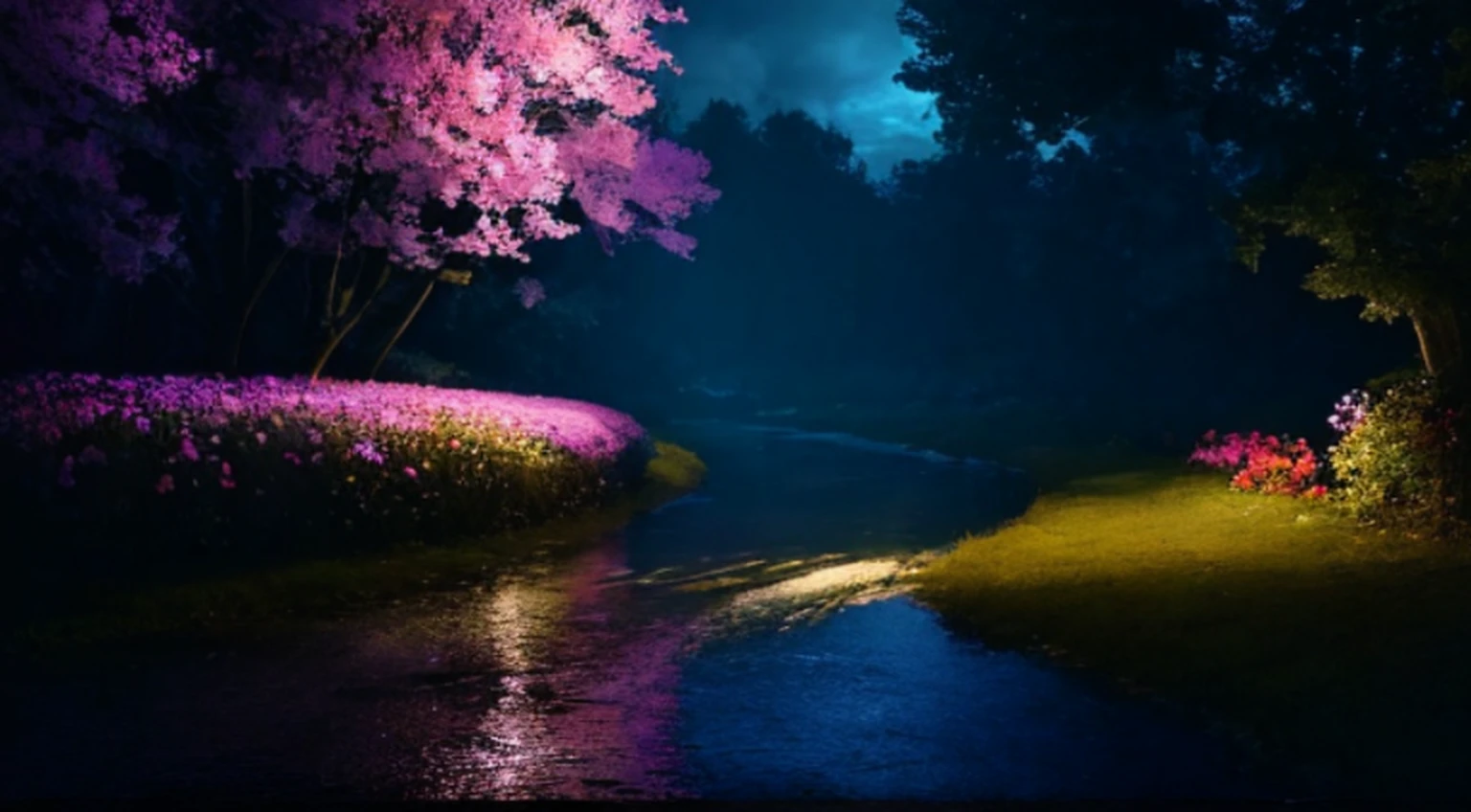 create an image of nature being one side day and the other night, with lots of vegetation, rivers, flowers, animals, Surrealism, Futurism, jpeg artifacts, cinematic lighting, border, top, Ultra-Wide Angle, textured skin, 8k, best quality , super detail