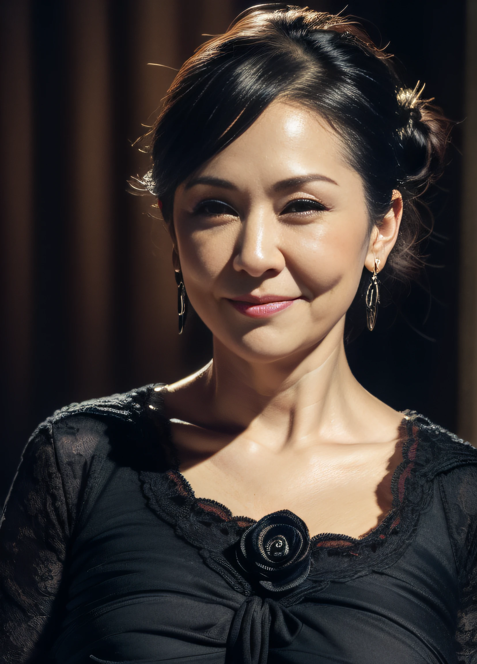 masterpiece,best quality, (one milf), ((portrait:1.5)), ((look down)), makeup, smirk, black hair, hair bun, fit model body, big boobs, caucasian, MILF, older, streets background, dark color eyes, elegant black shirt, ouch own chest, ((seduction expression)),
