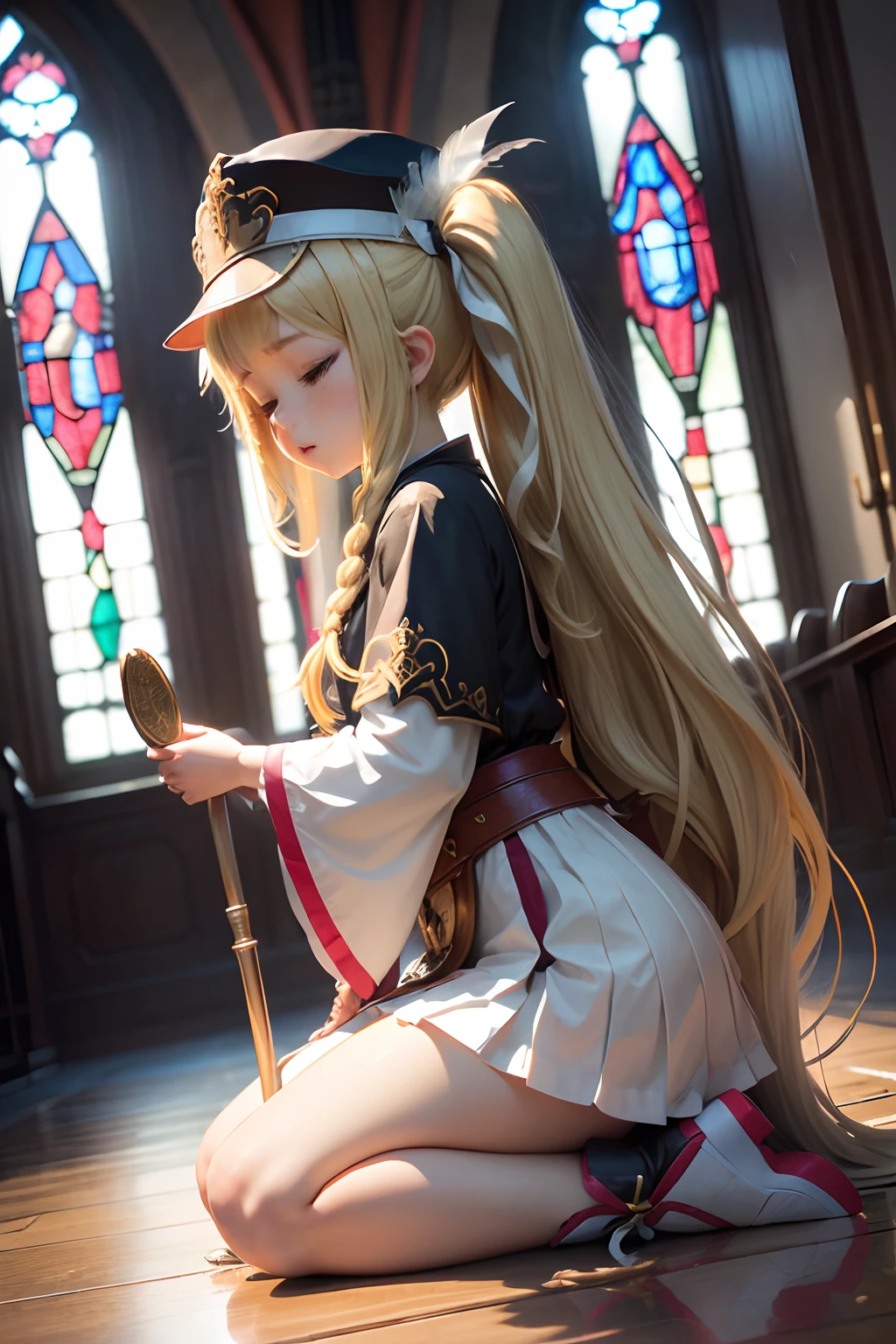 (1girl in),( absurdly , High quality , ultra-detailliert ),(Summer in the morning),(masutepiece),(Stained Glass Church),(long-haired blonde twin-tails),（Long clergy robes）,Cleric Hat,(Cute 3D anime petite girl rendering),Super Detailed Beautiful Girl,(Kneel and pray with folded hands near the statue),Wearing long boots,Halo,(Feather shower), Full body portrait, Perfect face and nice perfect face,,long  skirt,(choir),Angle from the side,（Eyes closed）