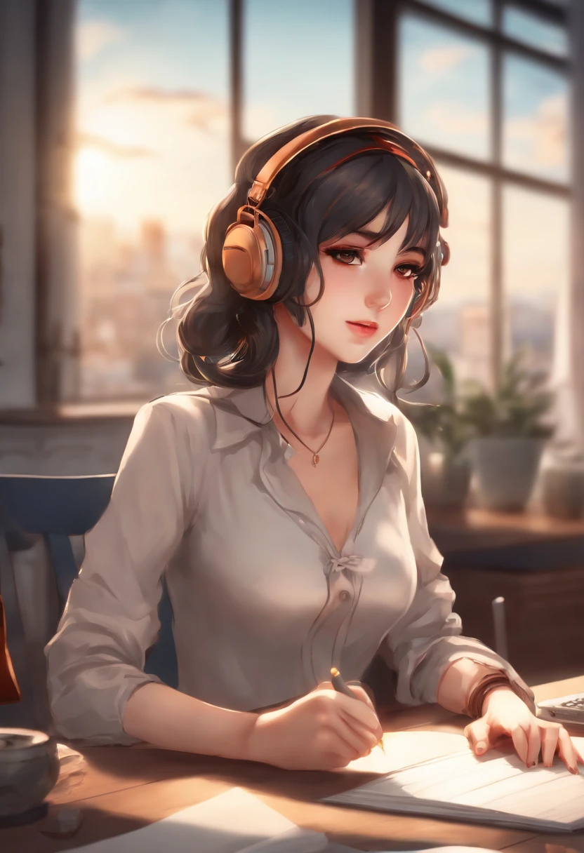 anime girl sitting at a desk with headphones on writing, anime style 4 k, digital anime illustration, digital anime art, anime style. 8k, anime moe artstyle, anime art wallpaper 4 k, anime art wallpaper 4k, anime style illustration, smooth anime cg art, detailed digital anime art, anime art wallpaper 8 k, realistic anime 3 d style naked