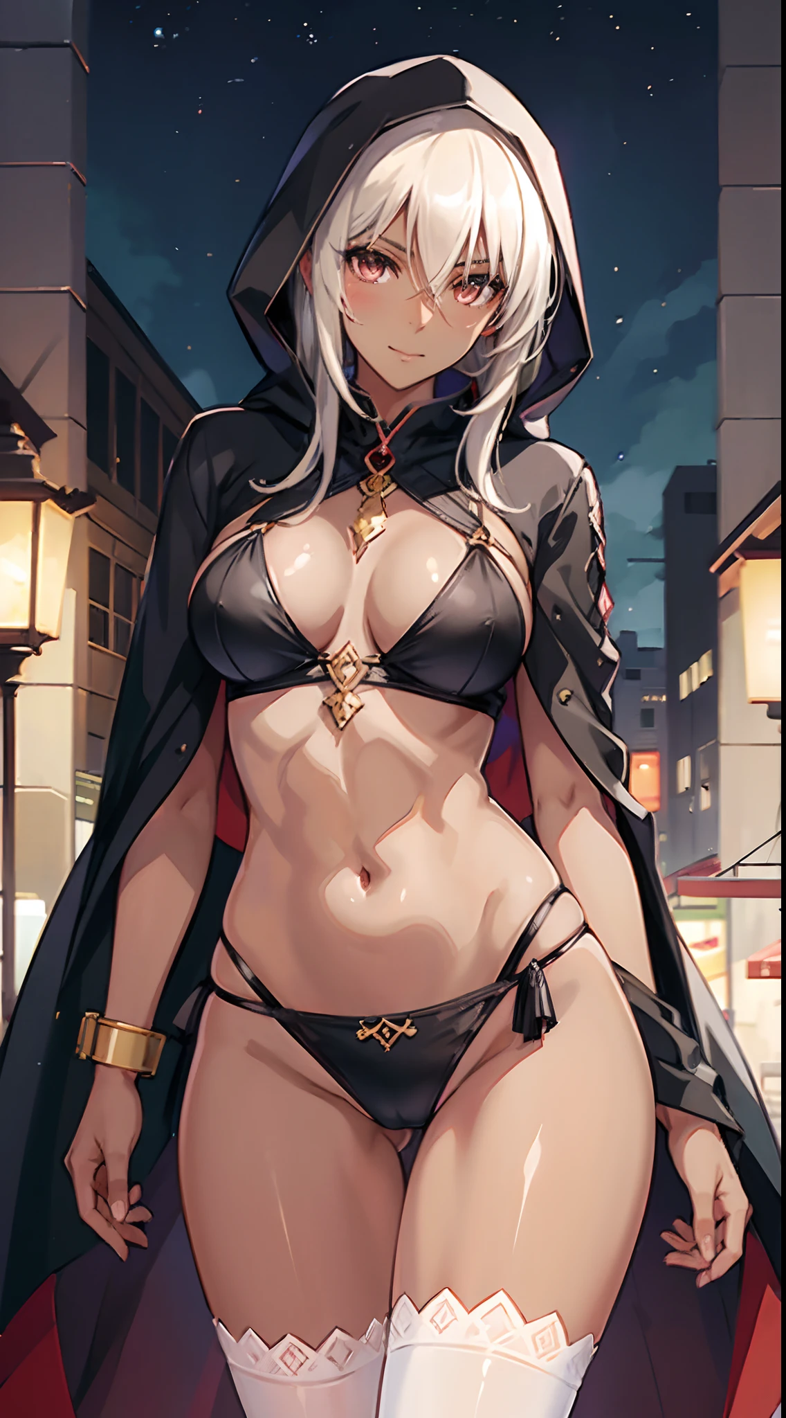 ((slanted eye)),(A MILF),(((maturefemale,adult woman))),Solo,masutepiece, top-quality, ultra-definition, max resolution, A highly detailed,((((Dark skin)))), Extremely sexy,Large breasts,blush,high legs,thong,Wearing a hood,The bikini,belly dance dresses,cleavage,overknee socks,Desert at night,Smile,Standing,groin