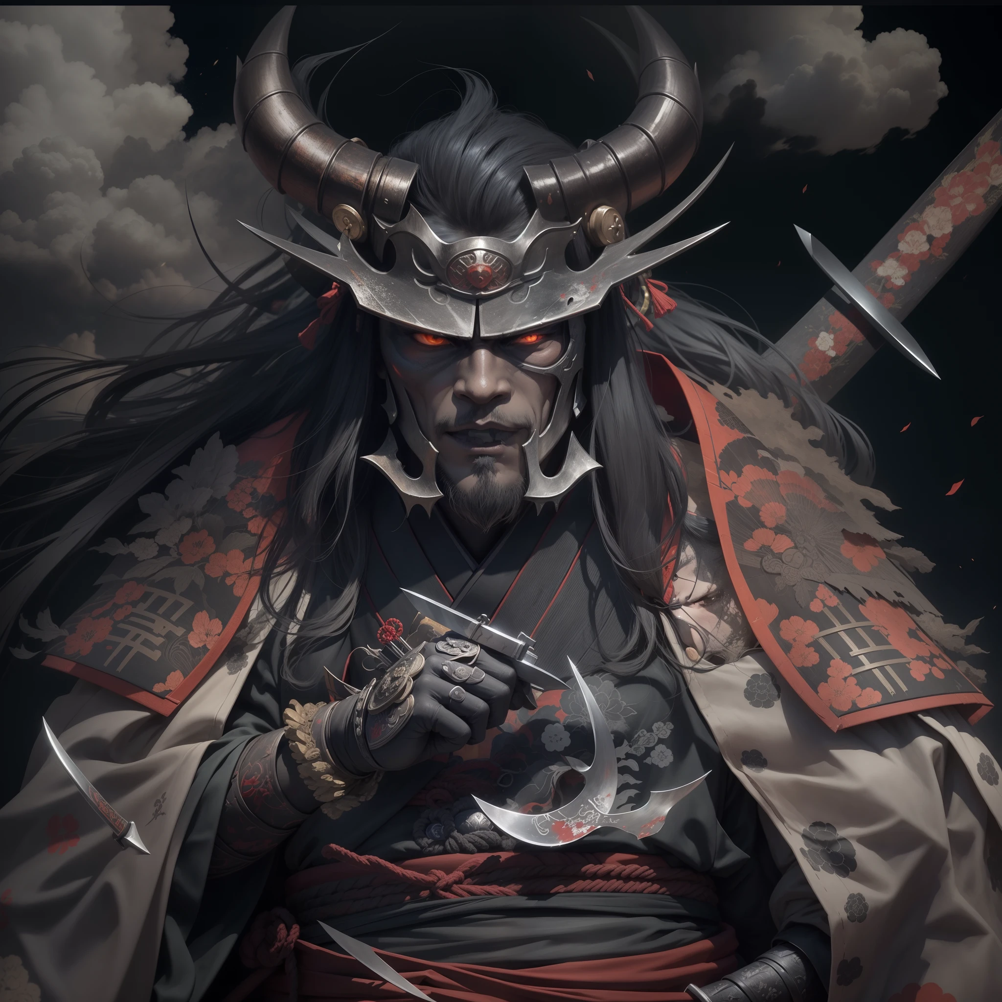 (They are samurai),(Wearing a demon mask),Solo,Upper body ,(long armament, sharp knife),magnificent artwork,((Kyoto panel painting style)),Wind-effect:1.9,Cloud Effect:1.2,Full Rendering,Caustic soda coating, a dark night
