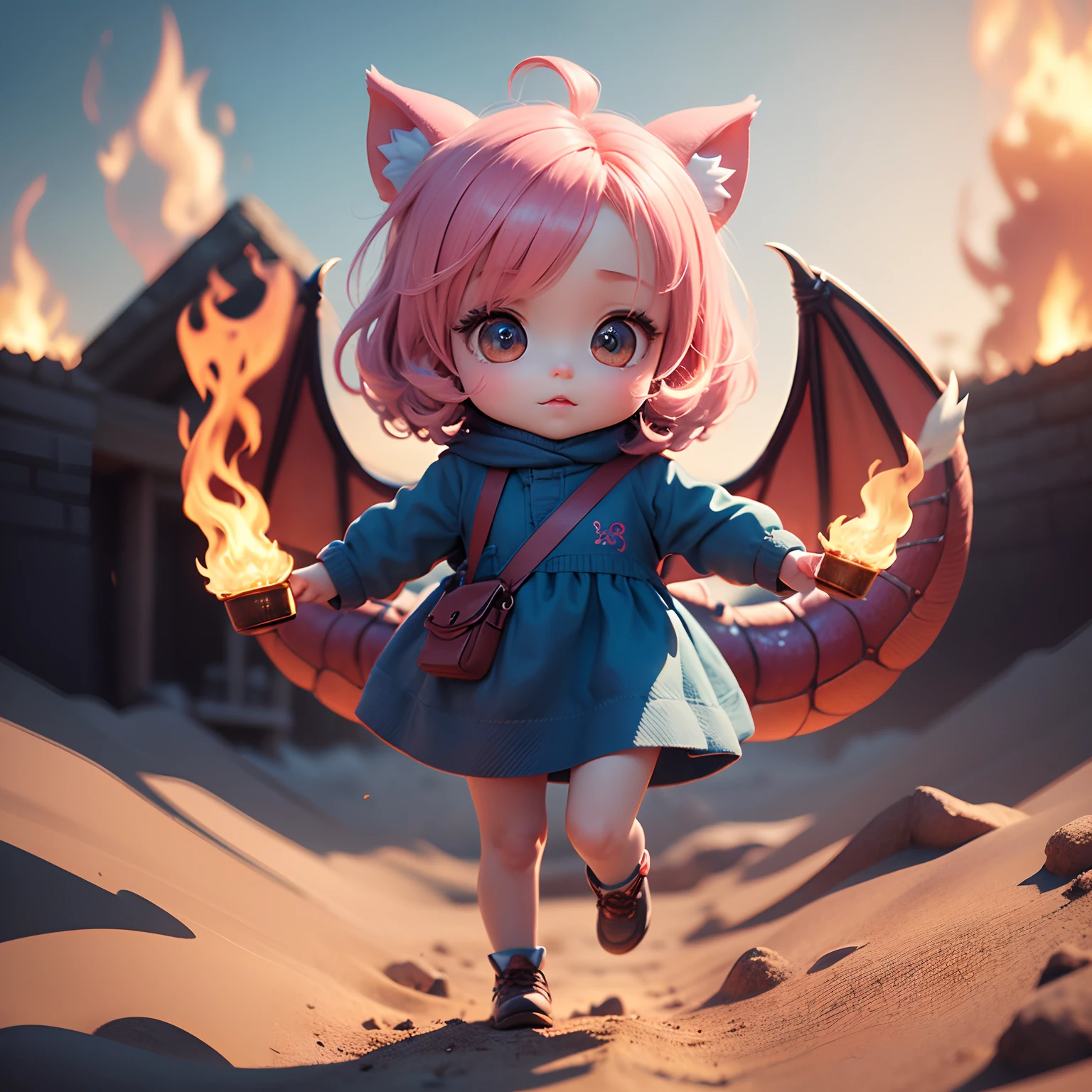 (Best Quality), (masutepiece), Charming chibi animation of cute with face like pink dragon, (Chibi 3D): 1.3, (A detailed face:1.2), (Standing posture:1.1), Deep blue sky of morning sun,Jumping、fire-breathing