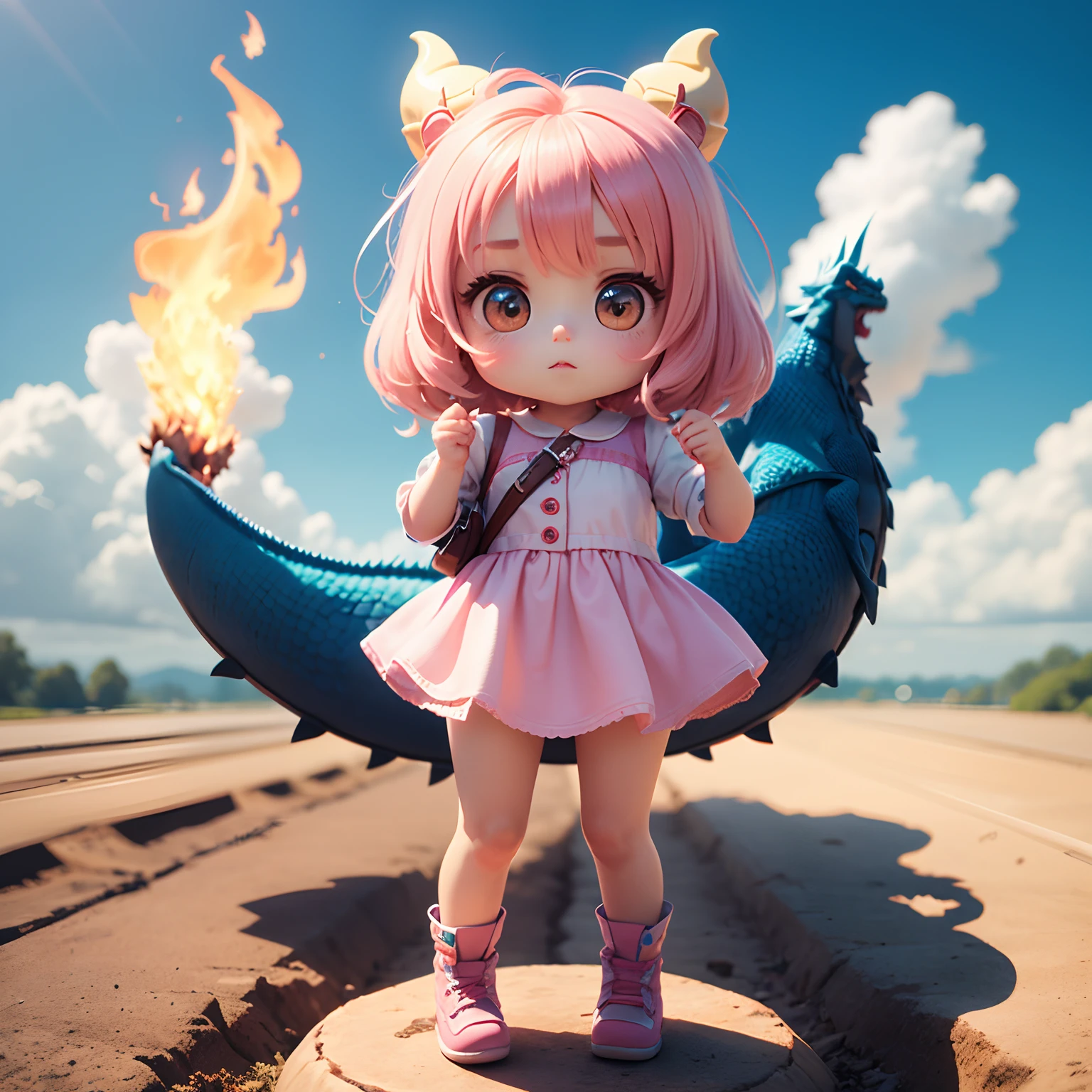 (Best Quality), (masutepiece), Charming chibi animation of cute with face like pink dragon, (Chibi 3D): 1.3, (A detailed face:1.2), (Standing posture:1.1), Deep blue sky of morning sun,Jumping、fire-breathing