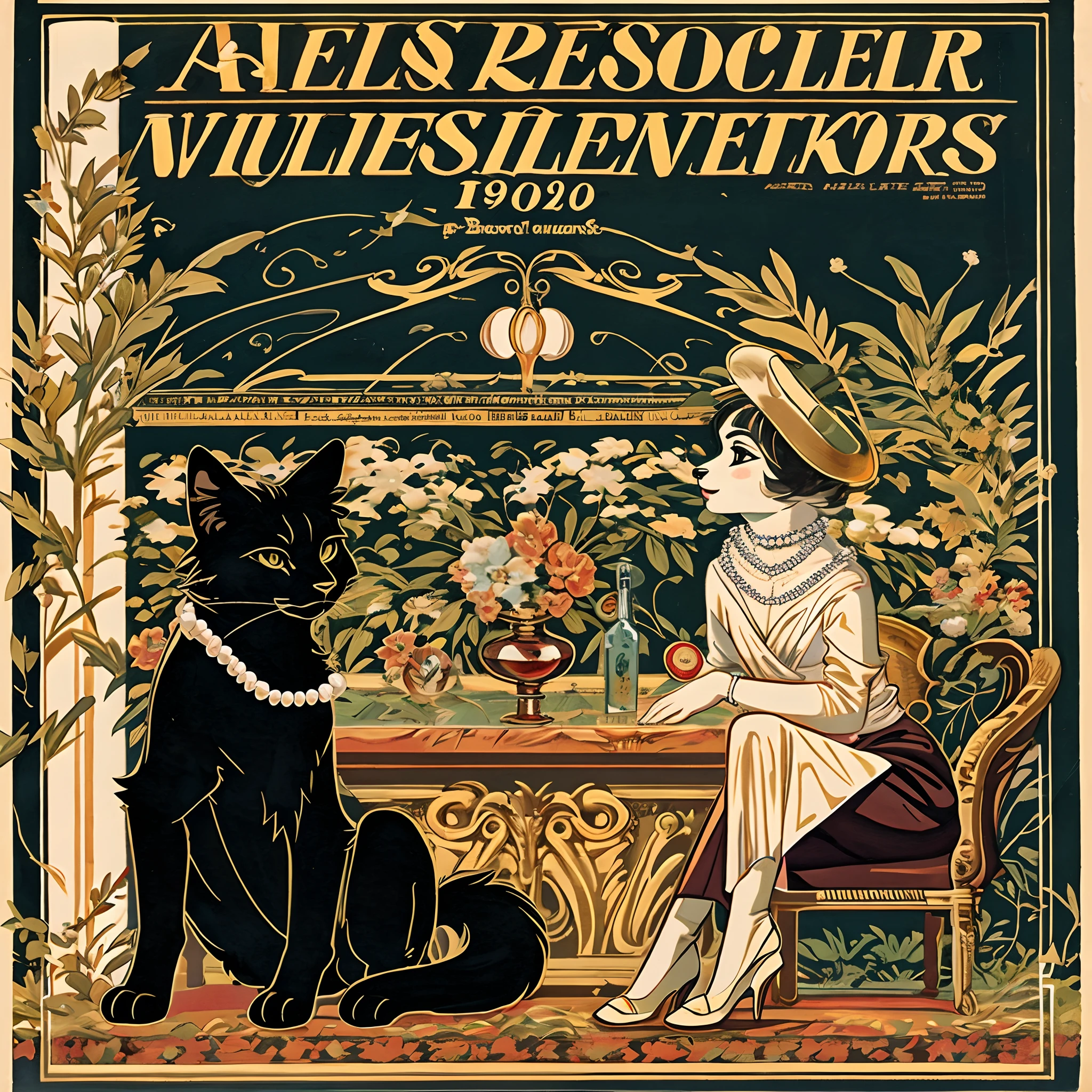 vector art, arafed black cat sitting on a pedestal with a pearl necklace, elegant cat, 1920s advert, 1960s advertisement, luxury advertisement, magazine advertisement, 1960s perfume bottle ads,