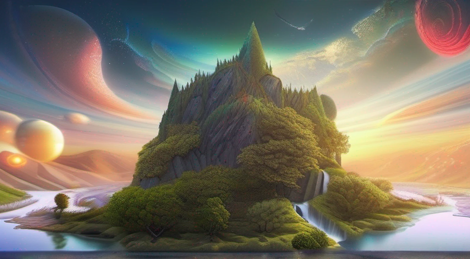 create an image of nature being one side day and the other night, with lots of vegetation, rivers, flowers, animals, Surrealism, Futurism, jpeg artifacts, cinematic lighting, border, top, Ultra-Wide Angle, textured skin, 8k, best quality , super detail