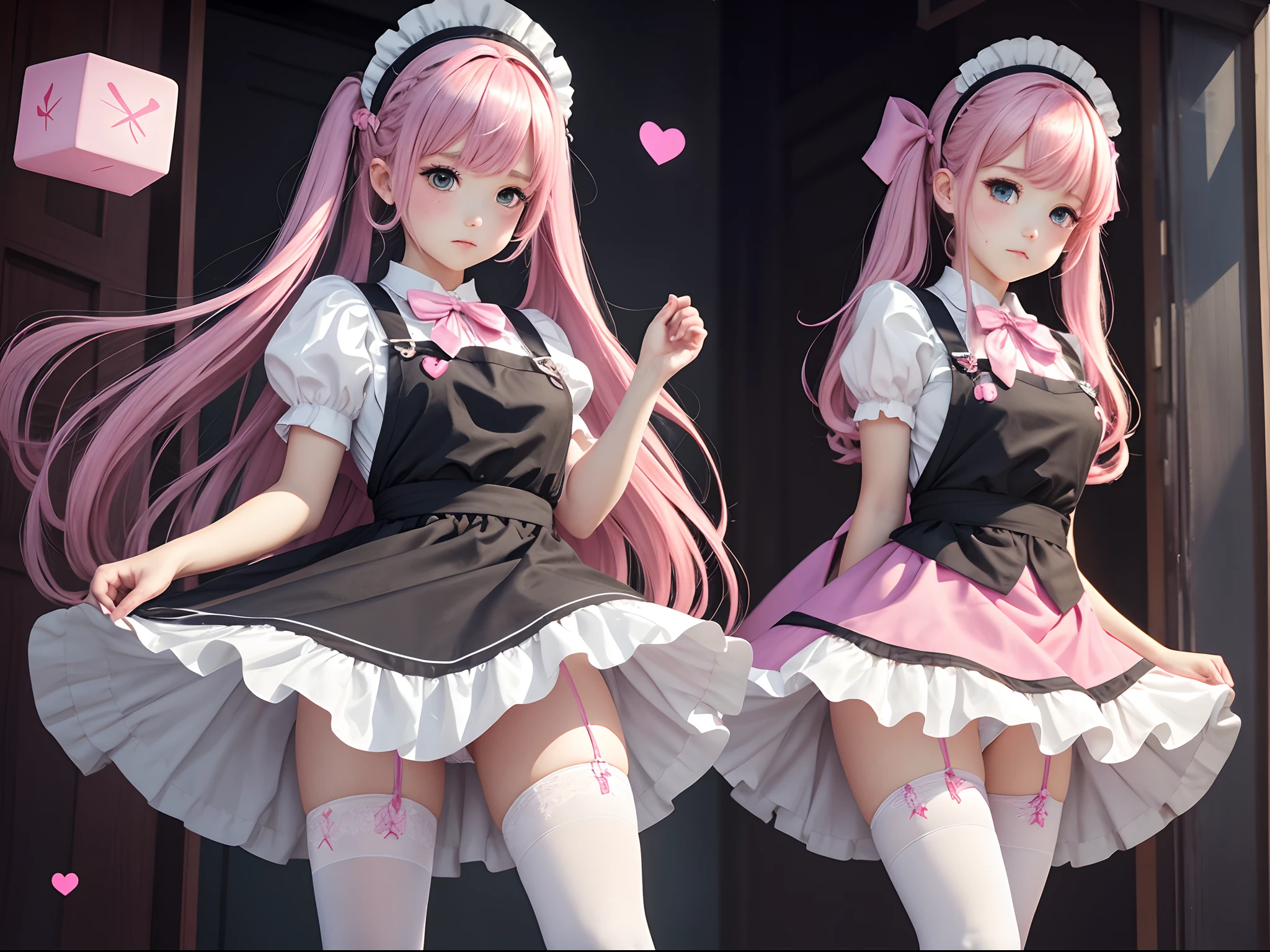 1girll, aprons, bow, cube hair ornament, dress, frilld, gloom (expression), hair adornments, Heart, heart hands, Long hair, looks away, maid, maid apronl, maid headdress, Mary Janes, one side up, Pink hair, shaded face, shoes, Short dress, Solo, drops of sweat, upper legs, white thighhighs, zettai ryouiki,
