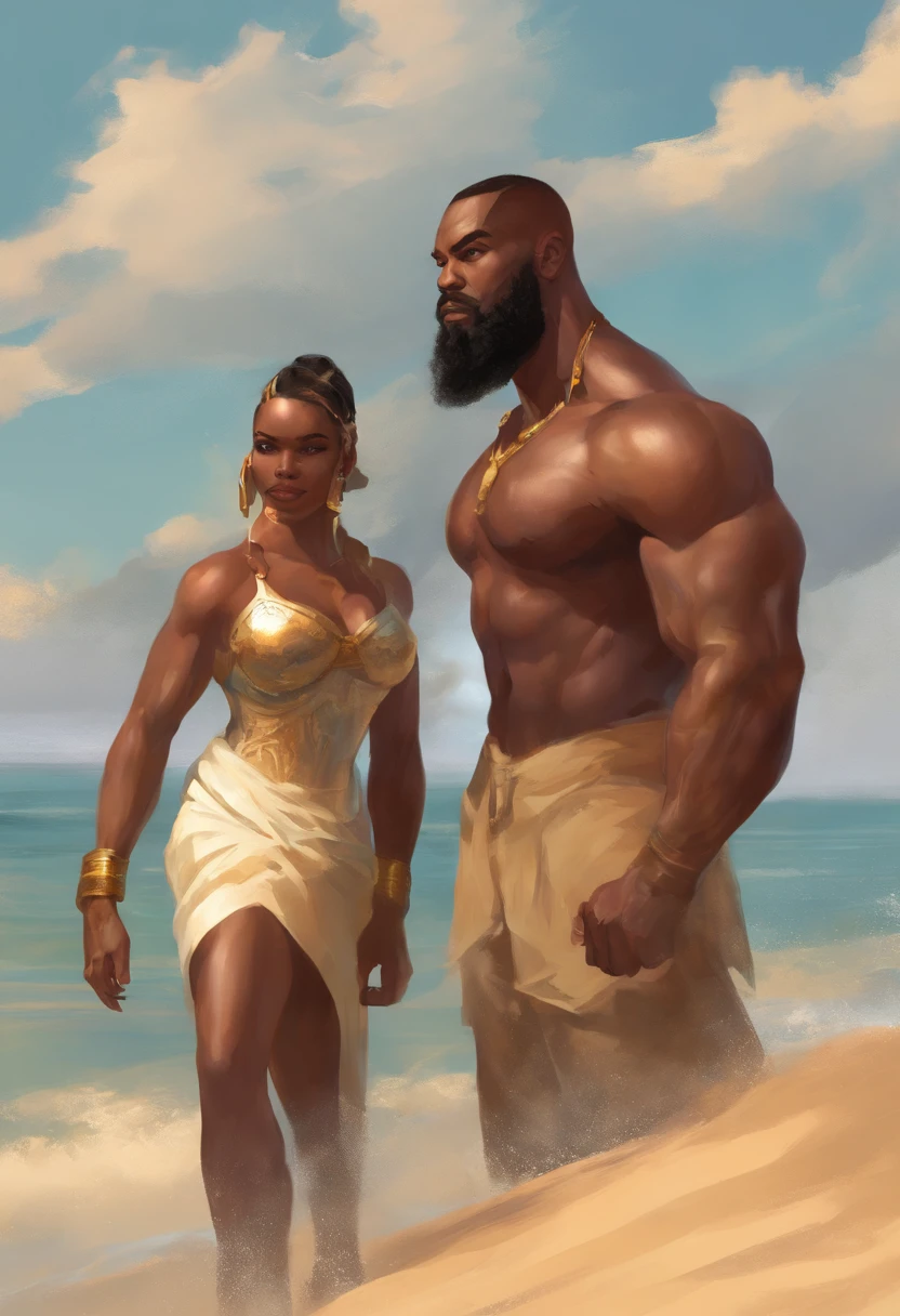 (((2heads))), muscle man, Black, African American, big pecs, big biceps, buzz cut, full body, beach background, no shirt, big bulge, speedo, long beard, big thick beard, hyper real