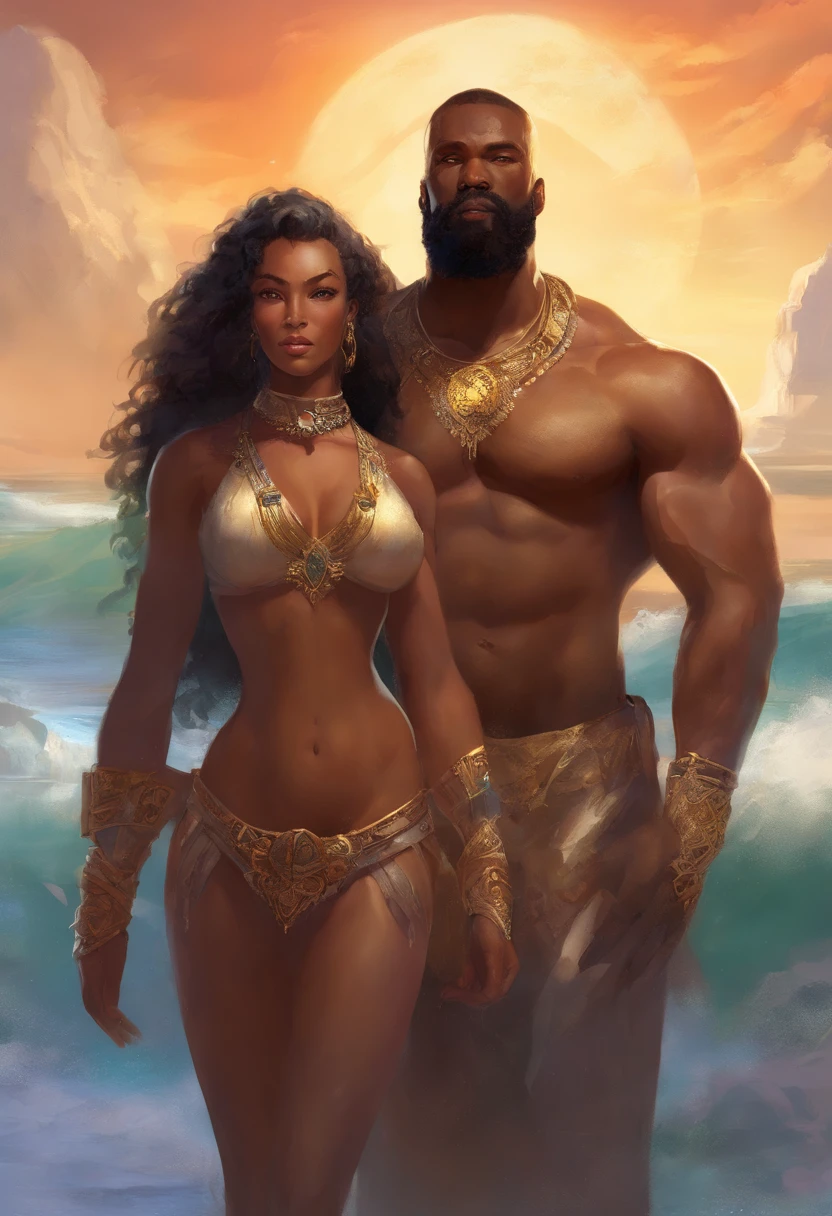 (((2heads))), muscle man, Black, African American, big pecs, big biceps, buzz cut, full body, beach background, no shirt, big bulge, speedo, long beard, big thick beard, hyper real