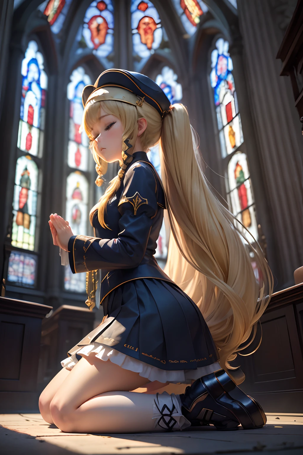 (1girl in),( absurdly , High quality , ultra-detailliert ),(Summer in the morning),(masutepiece),(Stained Glass Church),(Long-haired blonde twintails),（Blue Long Clergy Ron Grove）,Cleric Hat,(Cute 3D anime petite girl rendering),Super Detailed Beautiful Girl,(Kneel near the statue and pray with folded hands),Wearing long boots,Halo,(Feather shower), Full body portrait, Perfect face and nice perfect face,,long  skirt,(choir),Angle from the side,（Eyes closed）