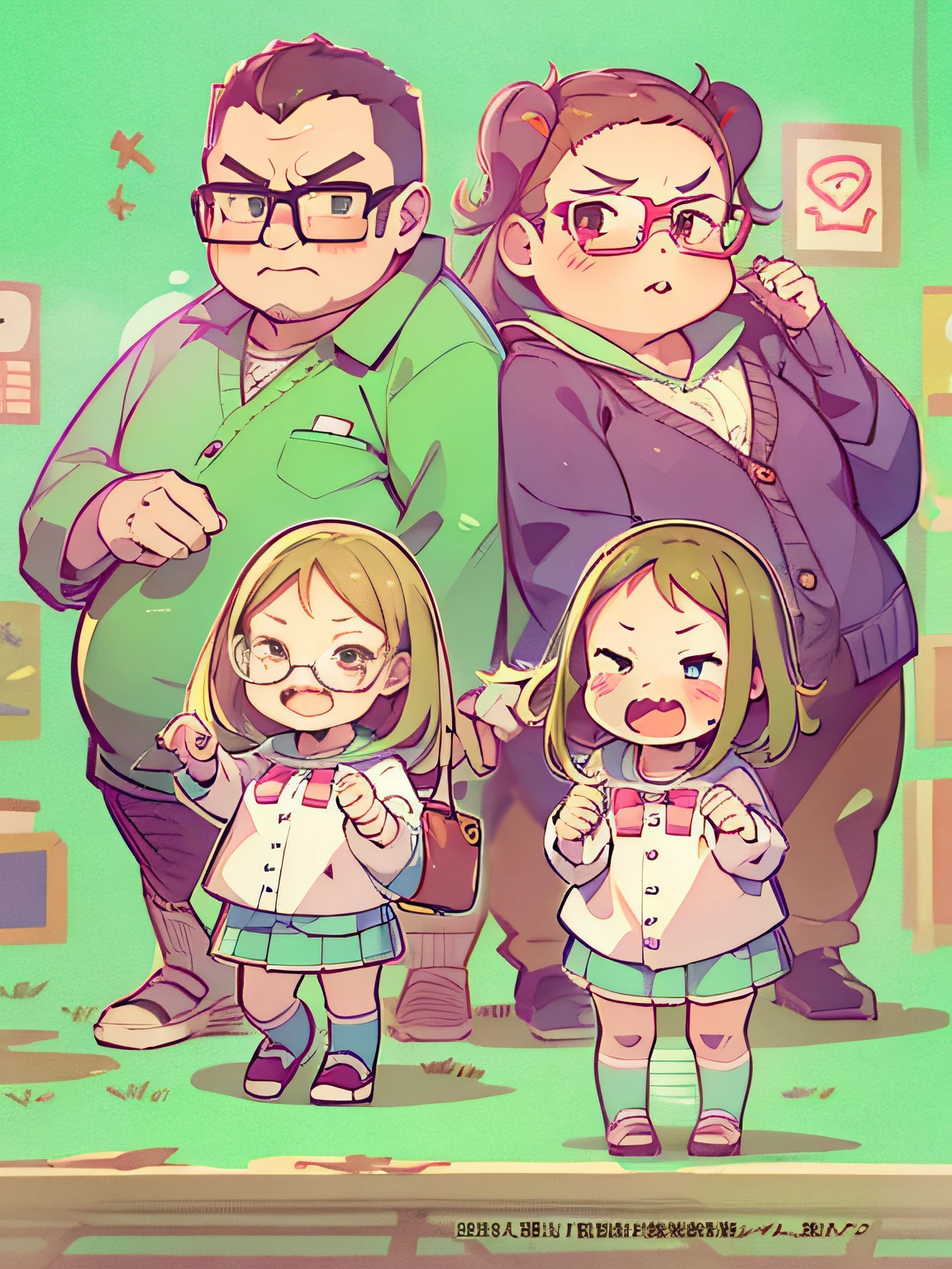 Top image quality　Original Characters、Little obese man with glasses、Cute  girl、anger face