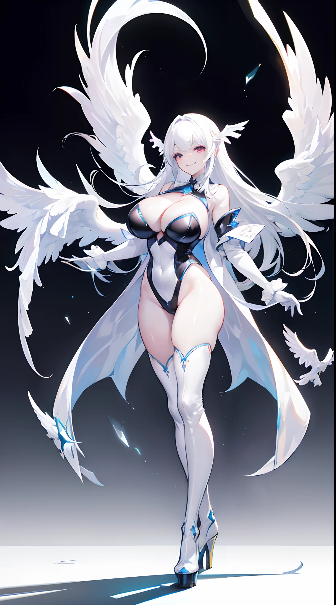 (gigantic cleavage breasts:1.2),angelicales,White hair,Pale skin,Latex gloves,high-heeled leather boots,stand posture,Full body like,grin face,white backgrounid,simplebackground