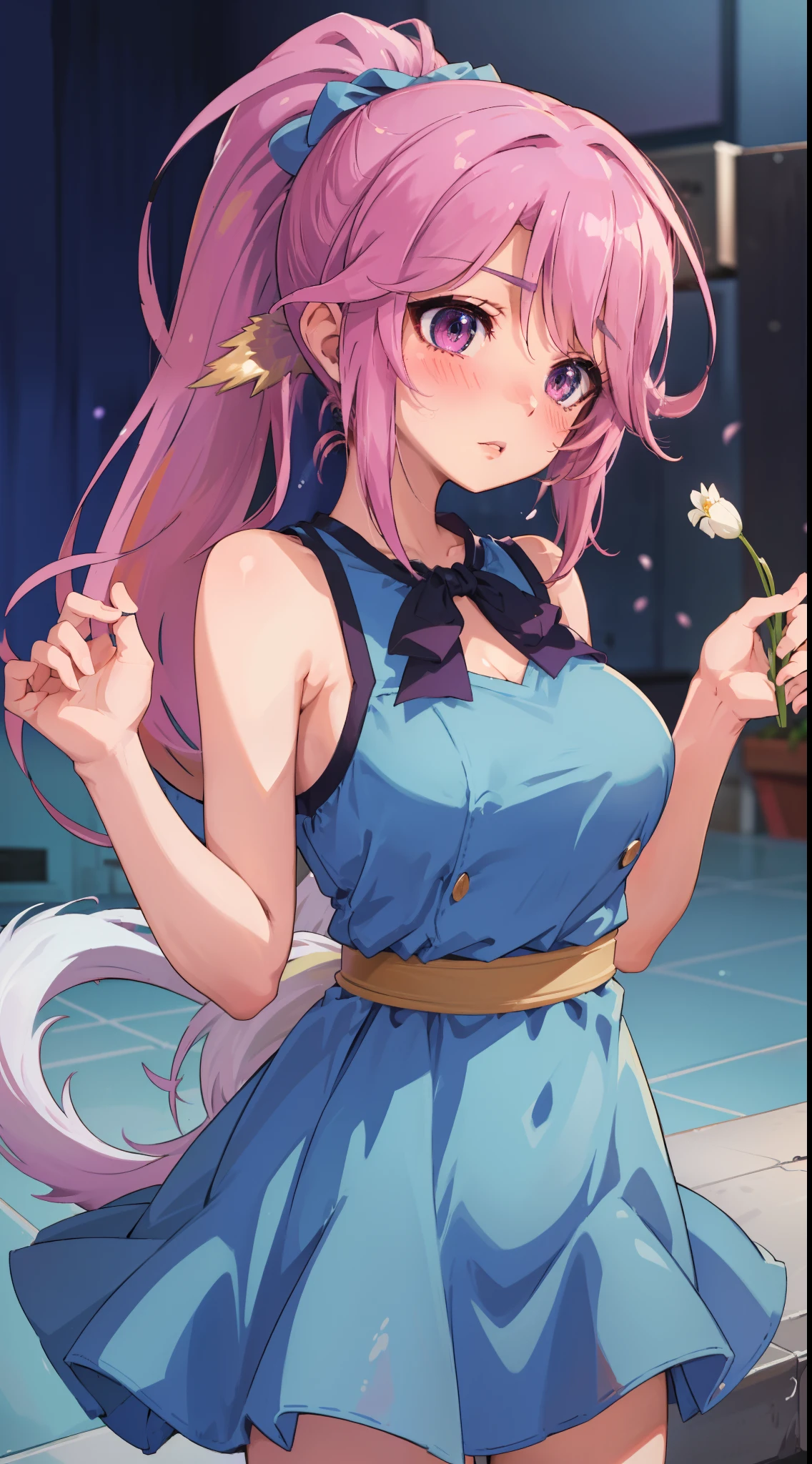 Jibril, upper body, blushed, perfect anatomy, detailed eyes, detailed lips, extremely detailed eyes and face, vivid colors, sharp focus, masterpiece:1.2, ultra-detailed, blushed, ((doggystyle)), (solo), ((blue dress)), sleeveless, (ponytail)