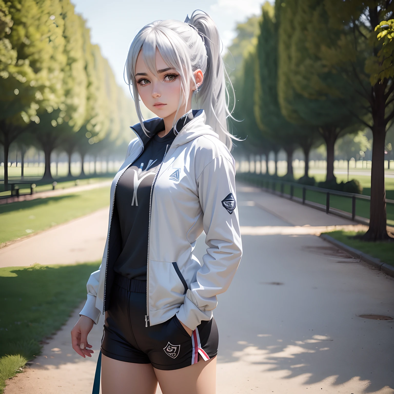 Une fille d'anime,with silver hair,tenue de sport,dans le parc, images 4k rtx