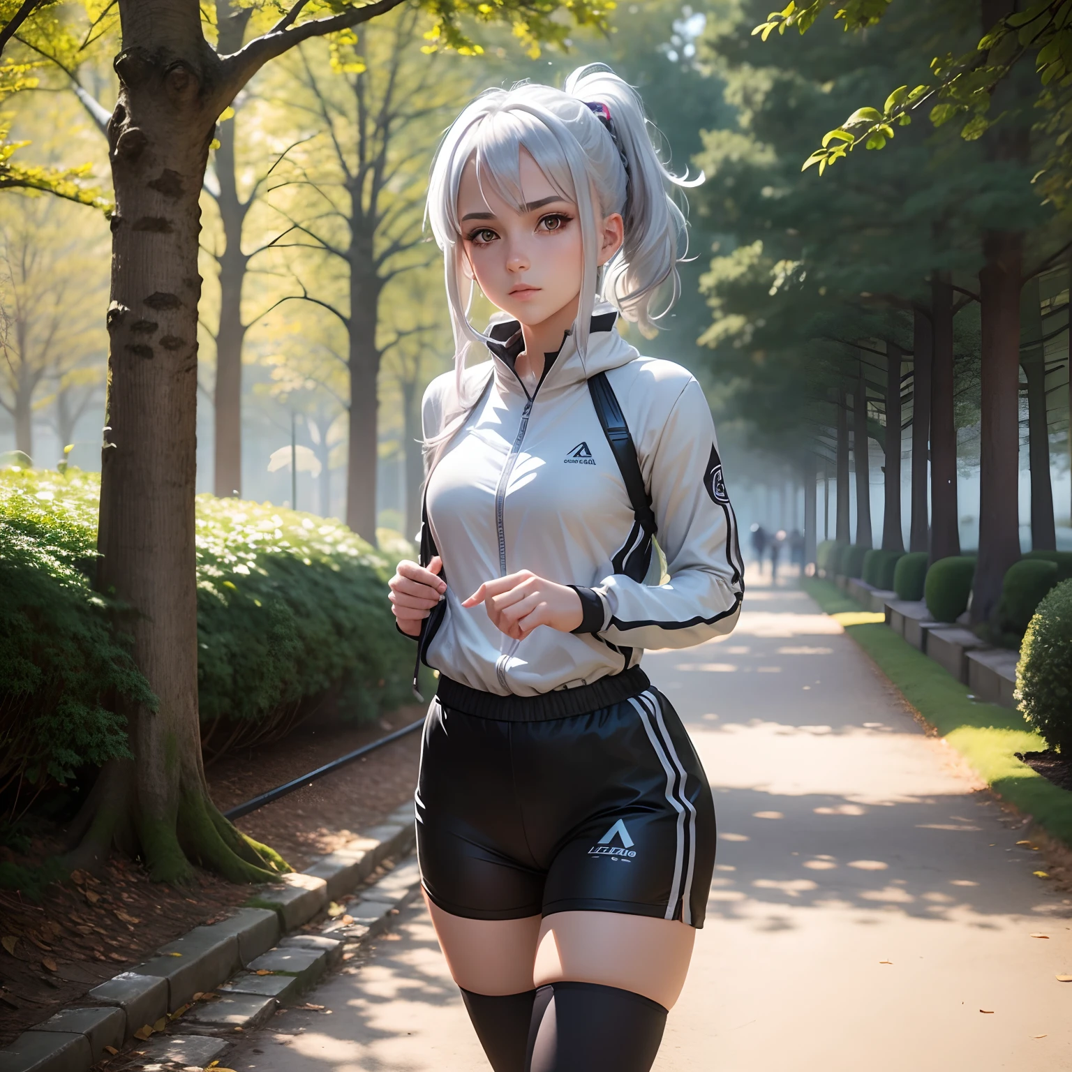 Une fille d'anime,with silver hair,tenue de sport,dans le parc, images 4k rtx