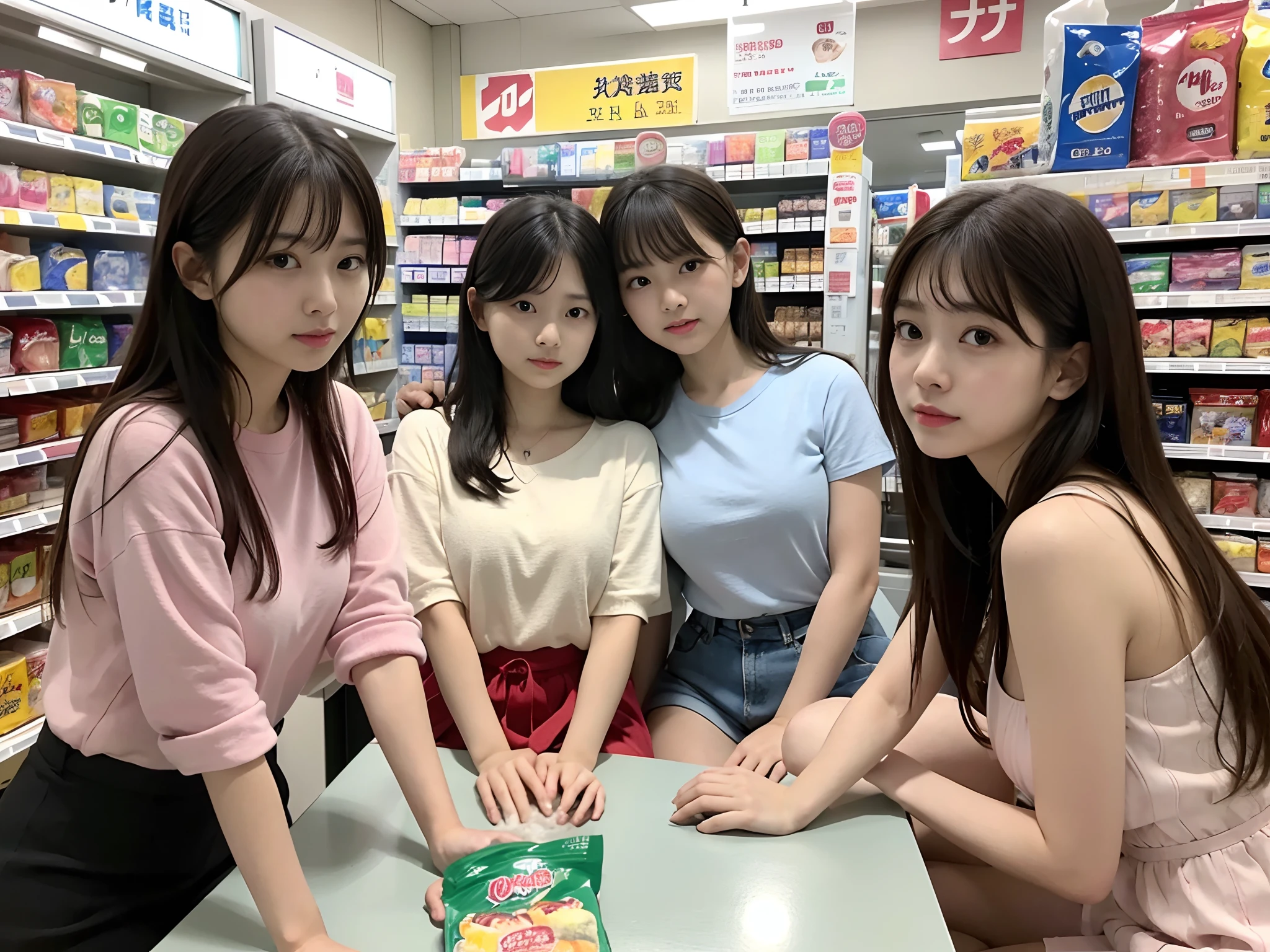 Slurping noodles , 5 naked girls , Everyone is 1 Japan Urzan, Lawson's stuff, Inside a convenience store, Sitting,a person々It is overflowing with、High resolution, High quality, masutepiece、full house、submersion、swim wears、in bikini that exposed medium breast, spread legs.
