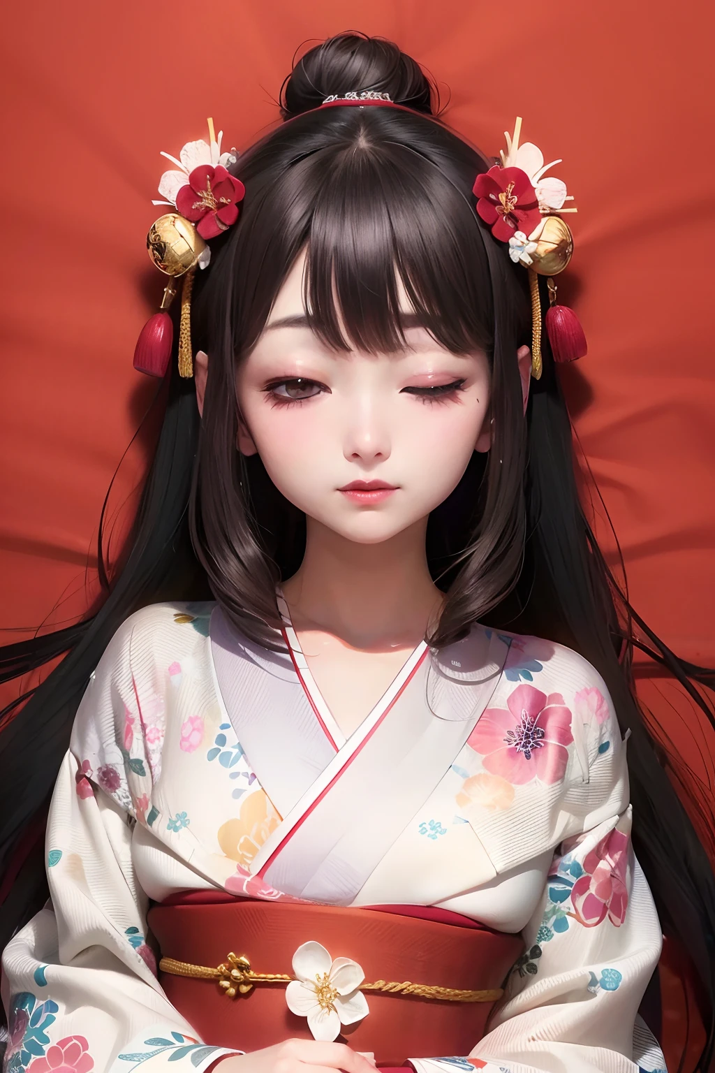 ((Normal、a small face、No exposure))、top-quality、masterpiece、(A dark-haired)、Brown eyes、⦅Upper body from the waist up、Diagonally to the side⦆、Are sleeping、nap、(Sleeping with your eyes closed)、(4In K、masterpiece、hight resolution、Realistic and beautiful light and shadow、One girl、Solo Focus、(top-quality)、(Hi-Res)、(extremely delicate and beautiful)、(Beautiful 8k face)、(I close my eyes while smiling.)、(独奏)、(Clear skin)、(Soft hair)、(7headed body)、(Yukata kimono with red and blue floral pattern)、((Hair in a bun))、((Tanabata decoration background))、((a small face))、(reality)、thin and small nose、(red lipsticks)、(Reddening cheeks)、(Lustrous skin)、((Ukiyo-e style))、Ultra-thin eyebrows、Ultra high image quality、(Wearing maiko-style makeup)、skin whitening、long and beautiful lashes、Turning around in the style of a Kyoto magazine model、((s asleep))、Lustrous skin、(Red-dyed cheeks),Nasal muscle