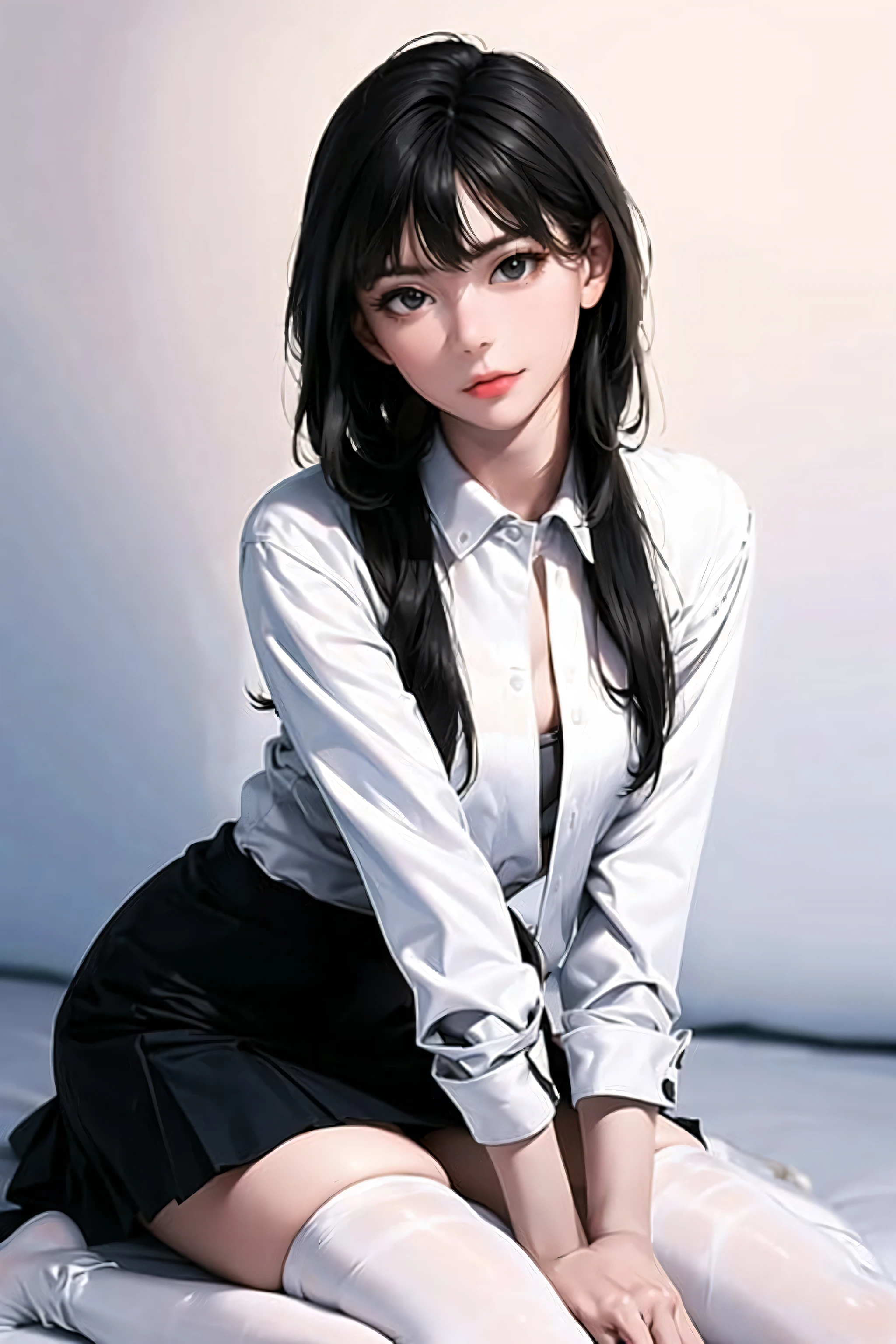 Best quality, masterpiece, girl, black hair, black eyes, white shirt