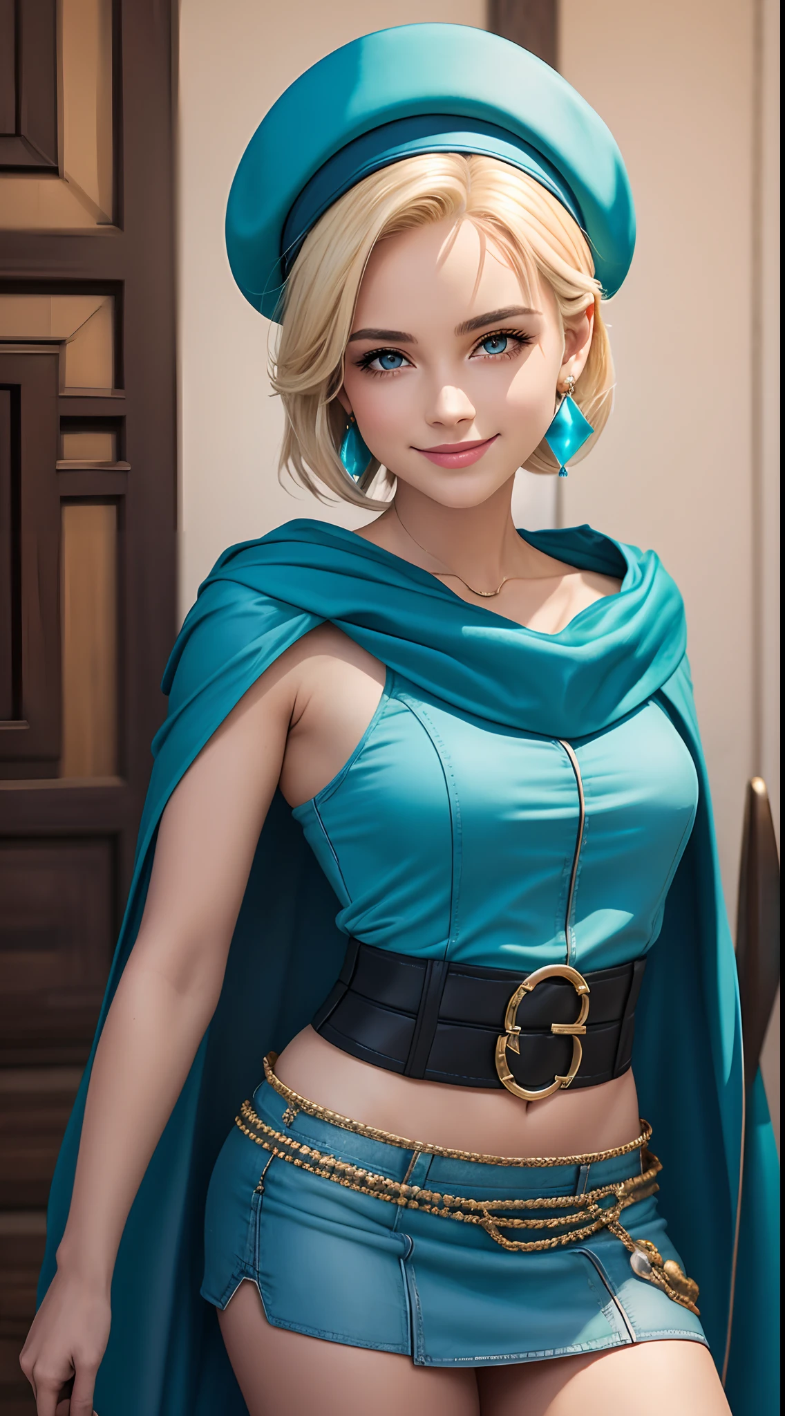 Fayobor style, Masterpiece, Best quality, 1girll, 21 years old, Smile, Pink lips, aqua eyes, blue beret hat, Blonde hair, Closed mouth, Earrings, Hat, Gem earring, jewelry, view the viewer, Miniskirt, shirt, Blue cape, Short hair, Solo, Cowboy shot, hand behind head, Dim, Dark, High contrast, Caustics