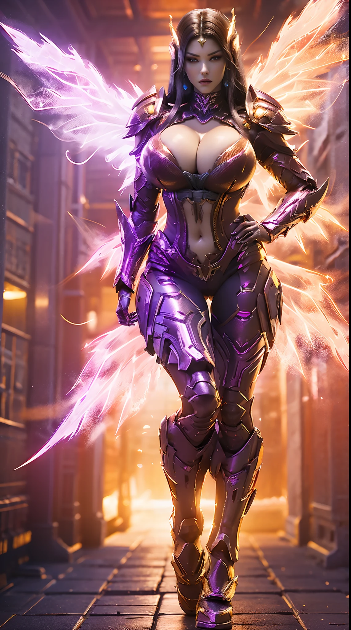 A WOMAN, BEAUTIFULL FACE, HUGE BOOBS, RGB, RED, GOLD, PURPLE, MECHA ARMOR FULL GEAR, (SUIT), (CLEAVAGE), (A PAIR LARGEST WINGS), (FULL BODY:1), TRANSPARANT, TALL LEGS, STANDING, SEXY BODY, MUSCLE ABS.