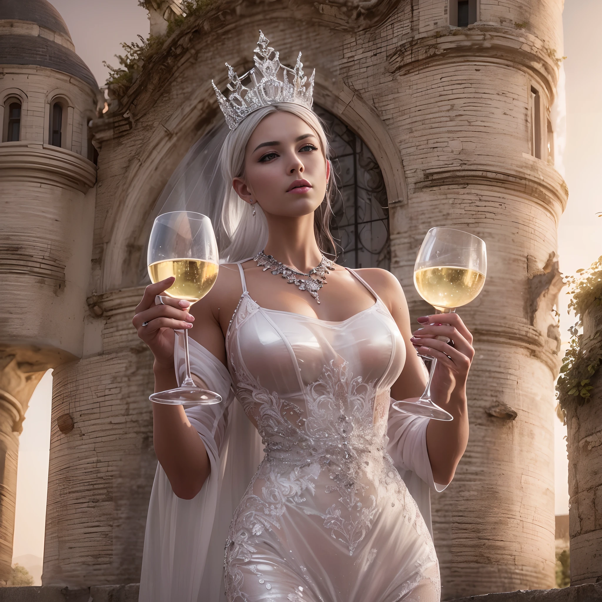 (((nffsw))), (((masutepiece))), (((8K))), (((hight resolution))), (((surrealism))), (((Cinematic lighting))), god rays, Zoom Layer, (((FULL BODYSHOT))), F/4.0, canon, Shiny skin,Detailed skin,Detailed face, Detailed eyes, Goddess of White Wine, Silver tiara, White wine see-through dress, Holding a wine glass with white wine in one hand, Tipsy face, French castles e of wine
