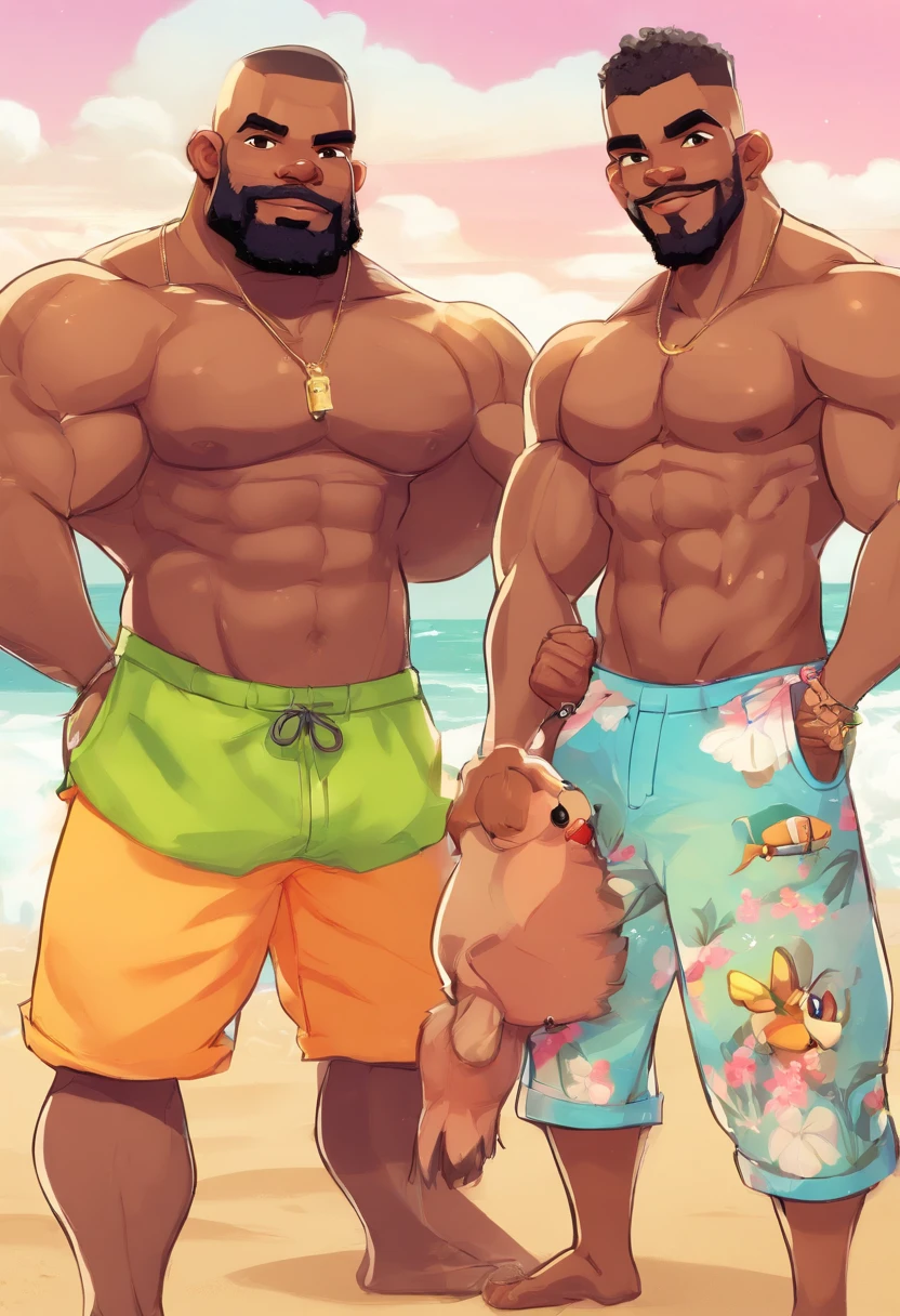 (((2heads))), muscle man, Black, African American, big pecs, big biceps, buzz cut, full body, beach background, no shirt, big bulge, speedo, long beard, big thick beard, hyper real