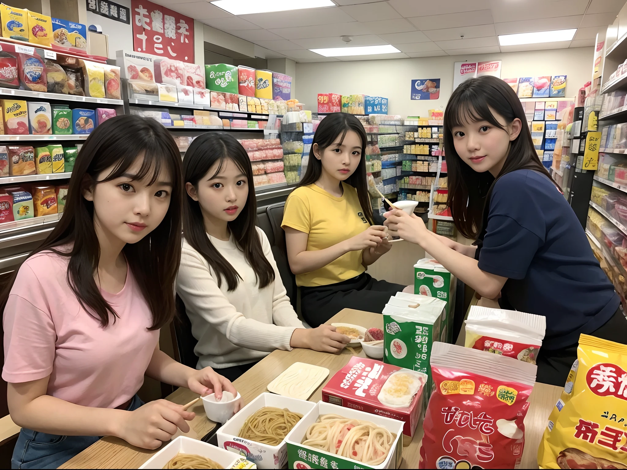 Slurping noodles , 5girls ,Everyone is 27 years old Japan Urzan, Lawson's stuff, Inside a convenience store, Sitting,a person々It is overflowing with、High resolution, High quality, masutepiece、full house