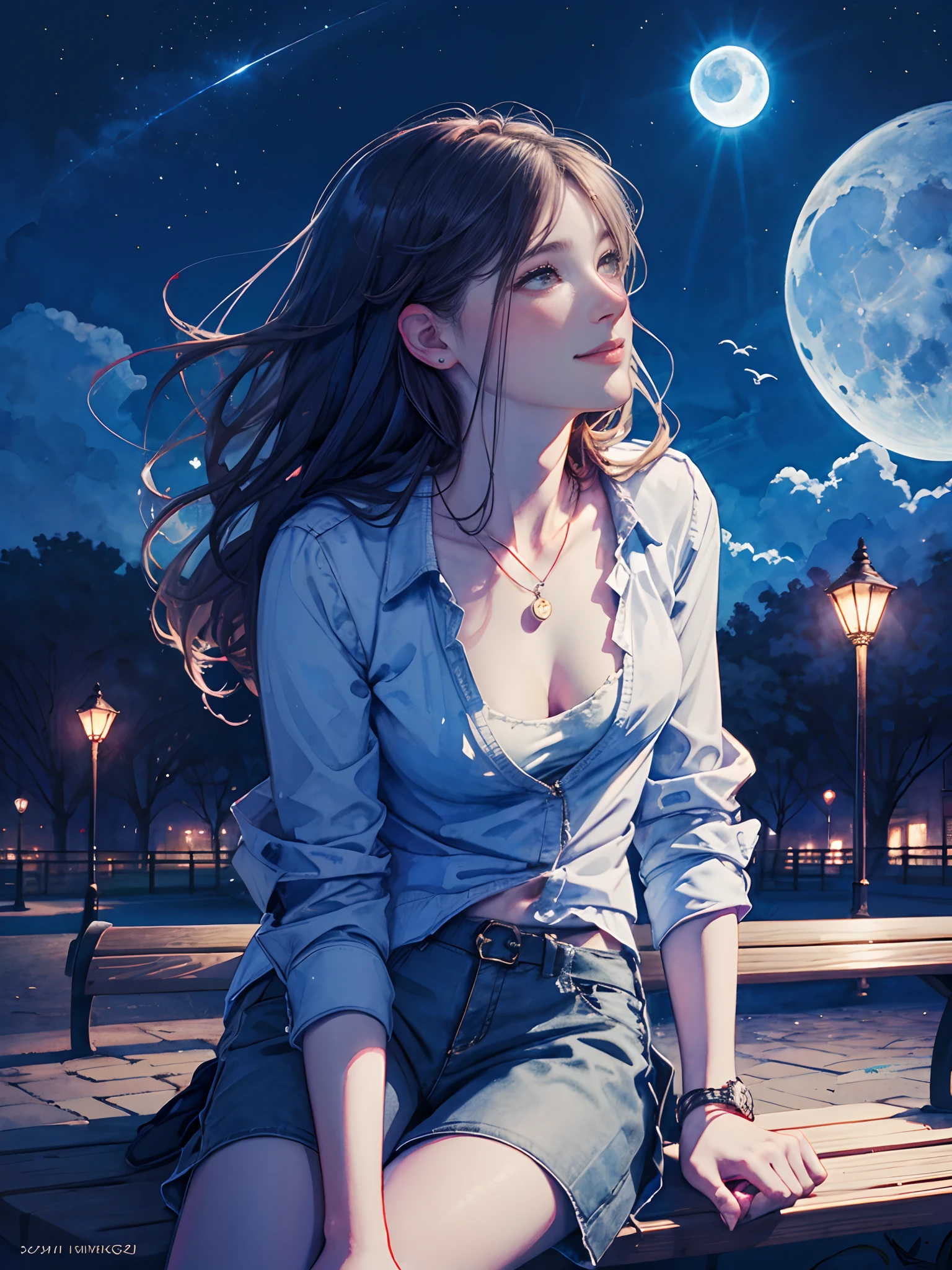 Highest Quality, Highest Quality, (close up:1.3),masutepiece, Ultra-high resolution, 8K, Watercolor style, Watercolor illustration,25-years old, Woman sitting on park bench looking at moon, Looking up from below, Looking up at the moon, From waist to face, Smile, slim, Plain white blouse, Gray jacket, Miniskirt, sneakers, Long brown hair blown by the wind, Night, Park Street street lights, Blue Moon of the Full Moon, Night Park, Susuki growing,watercolor paiting \(Medium\),watercolor paiting