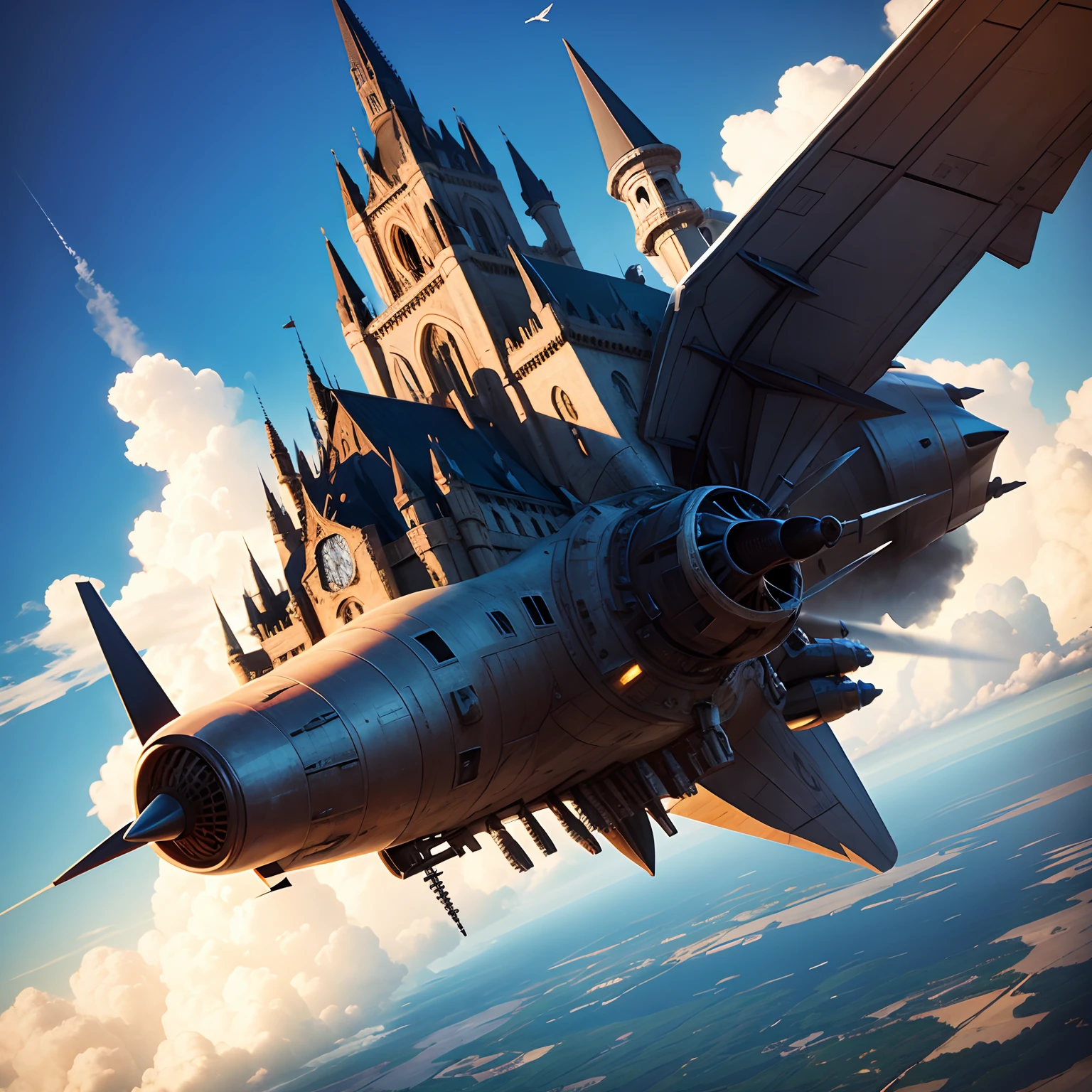 (castle:0.7), flying with jet engine