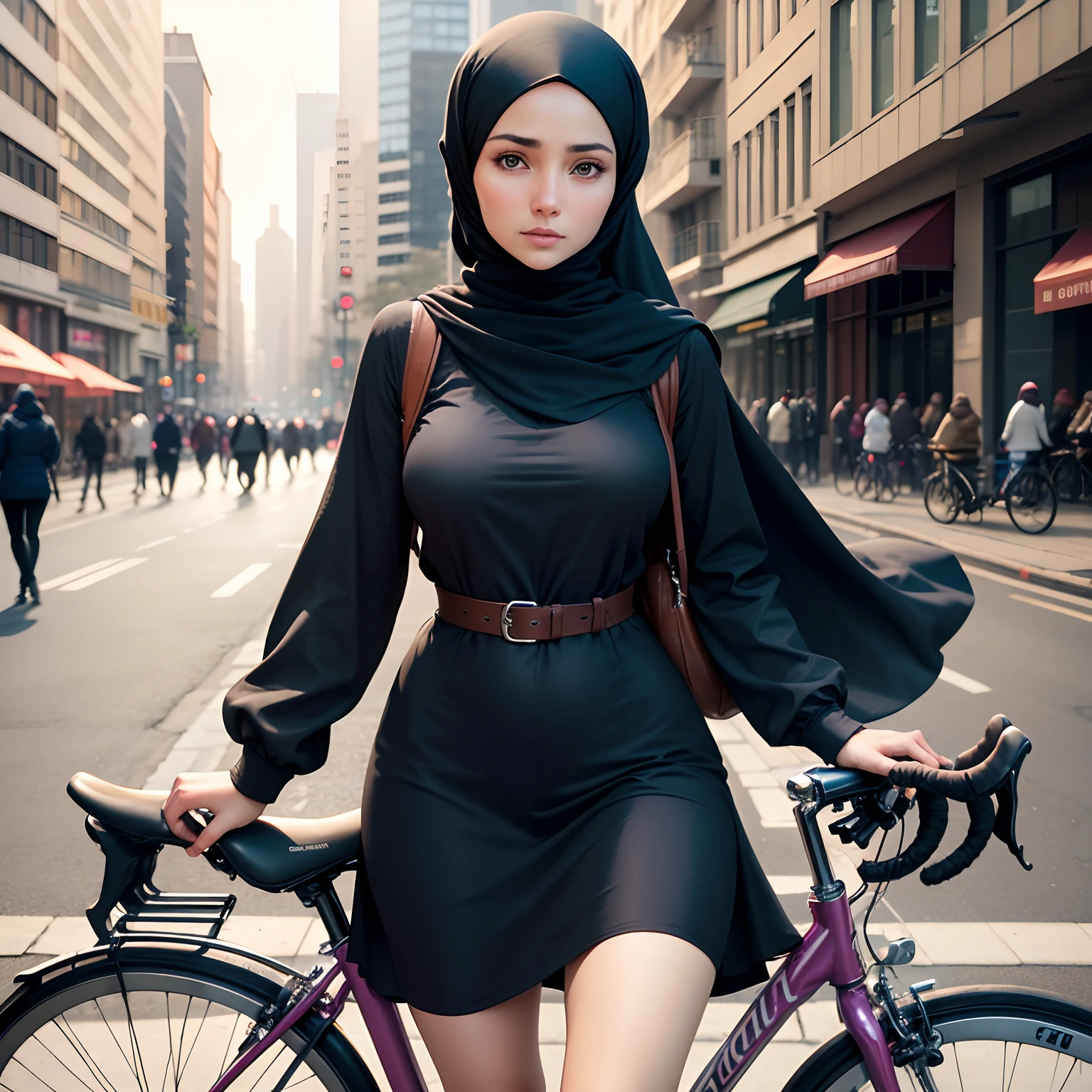 "Craft an ultra-realistic, ultra HD description of a 28-year-old woman cycling gracefully along a vibrant city street, capturing every nuanced detail of her surroundings and her own presence." Wearing hijab, complete Muslim dress.