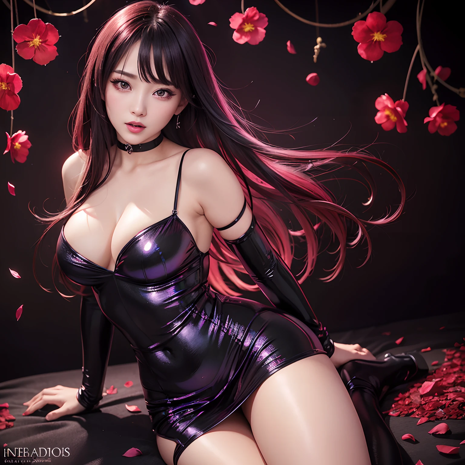 finest image, portrait, female, sexy, beautiful, cute, amorous expression, lewd expression, ecstasy, orgasm, glossy iridescent hair, sparkling eyes, red alluring moist lips, mini china dress, black pantyhose, background many falling petals, professional lighting