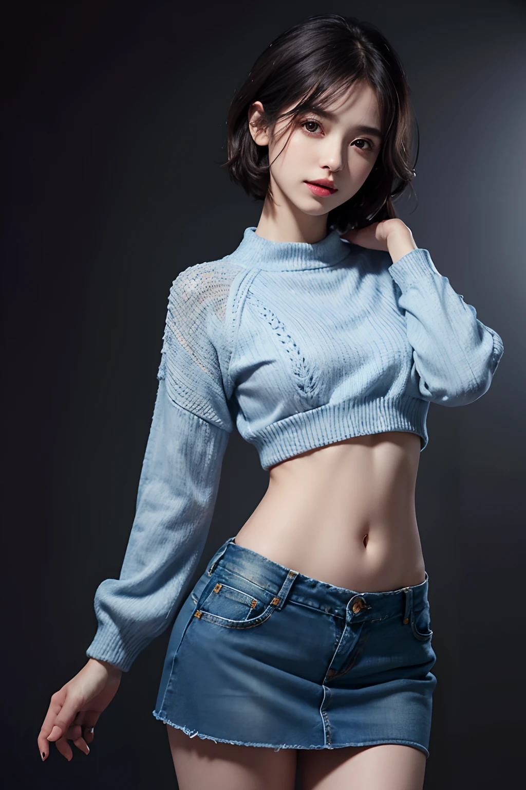 (masuter piece:1.3)、(8K、Photorealsitic、Raw photography、top-quality: 1.4)、(1girl in)、beautiful countenance、(Lifelike face)、(A dark-haired、short-hair:1.3)、Beautiful hairstyle、realisticeyes、Beautiful details、(real looking skin)、Beautiful skins、absurderes、enticing、超A high resolution、A hyper-realistic、high-detail、the golden ratio、((wide open abdomen))、((open abdomen))、((wide open navel))、((open navel))、((Mid-Riff Sweater))、((Ultra-low rise、Denim Mini Skirt))、((Navel Ejection))、((small hips))、((long limbs))、((Full body depiction))、((small hip))、(Ultra-low rise))、((Denim Mini Skirt))、((is standing))、
