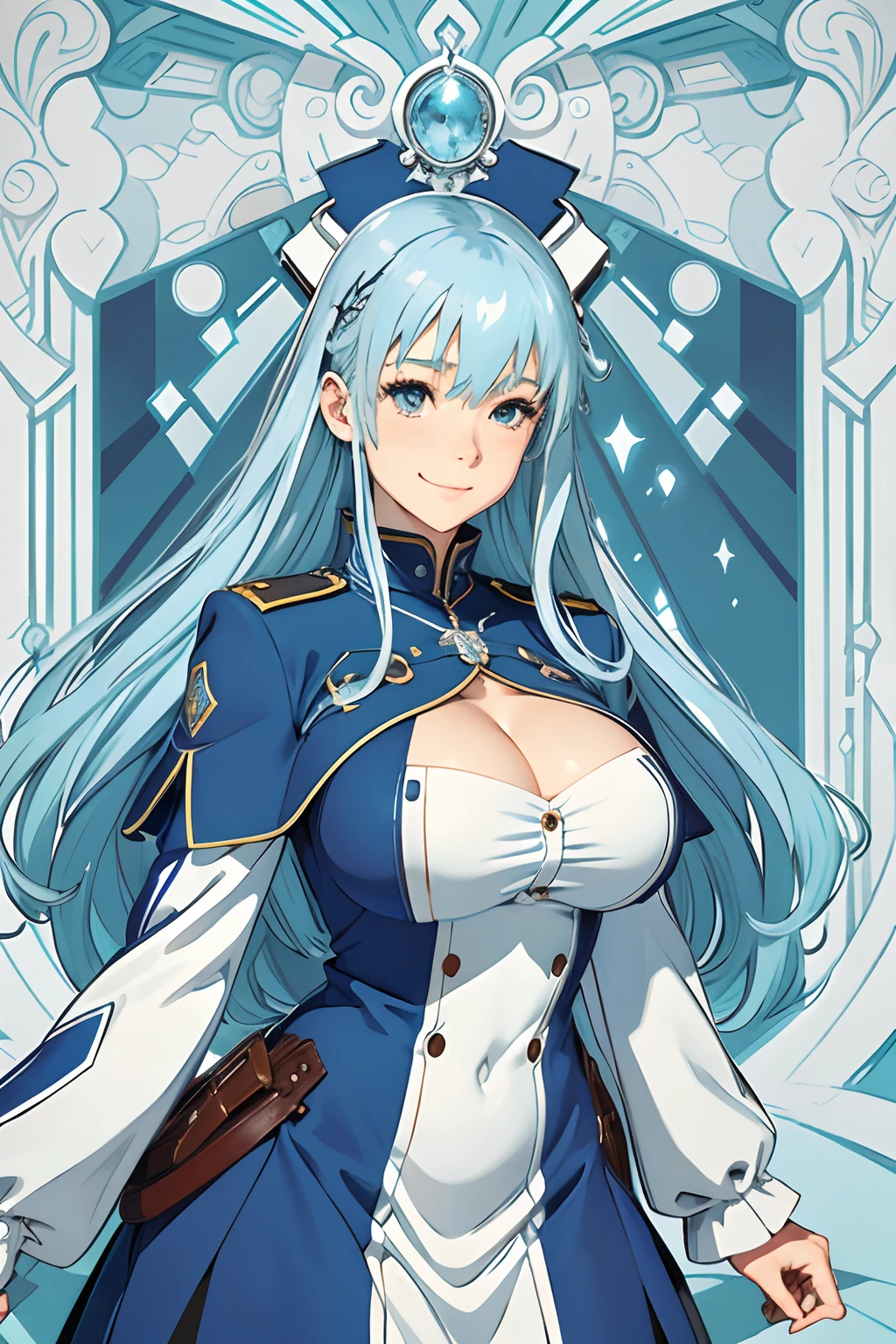 (masutepiece/of the highest quality: 1.4), Superb illustration, Glossy skin, Delicate skin, Super beautiful girl, Super big breasts, Cowgirl, Beautiful face, military outfits, care,Magic Student, Unclear, Smile, Blue eyes, Light blue hair, Blue hair, inside in room, monochromes, Three-dimensional, Posture that emphasizes the chest, Colossal tits,Straight long hair, Blue eyes, Huge breasts,