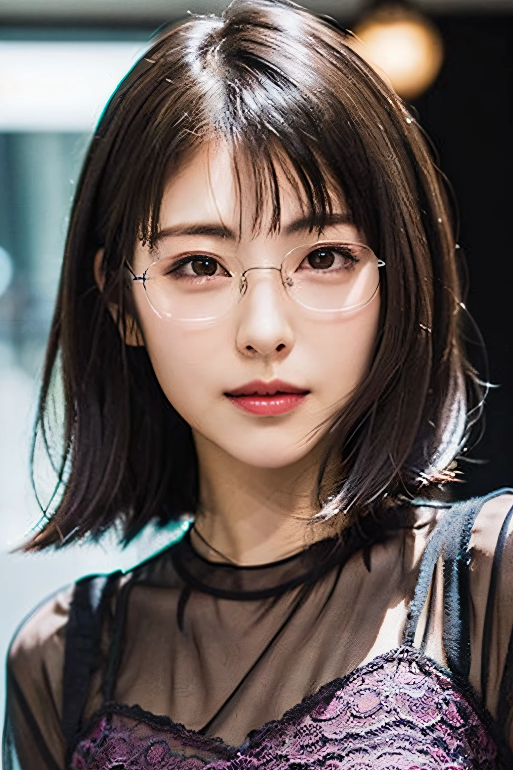 (8K、Raw photography、top-quality、masterpiece:1.2)、(realisitic、Photorealsitic:1.37)、ultra-detailliert、超A high resolution、1人、see the beholder、beautifull detailed face、A smile、Constriction、(Slim waist) :1.3)、Autumn clothes、Beautiful detailed skin、Skin Texture、Floating hair、Professional Lighting、Osaka、Square glasses with black rimming、Whole human body、Brown hair